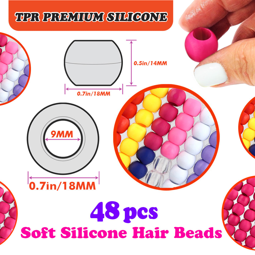 Silicone Hair Beads Large – 48 PCS 18mm, Premium Soft Rubber, Noiseless, Painless, Light for Women Girls Stylish Braiding