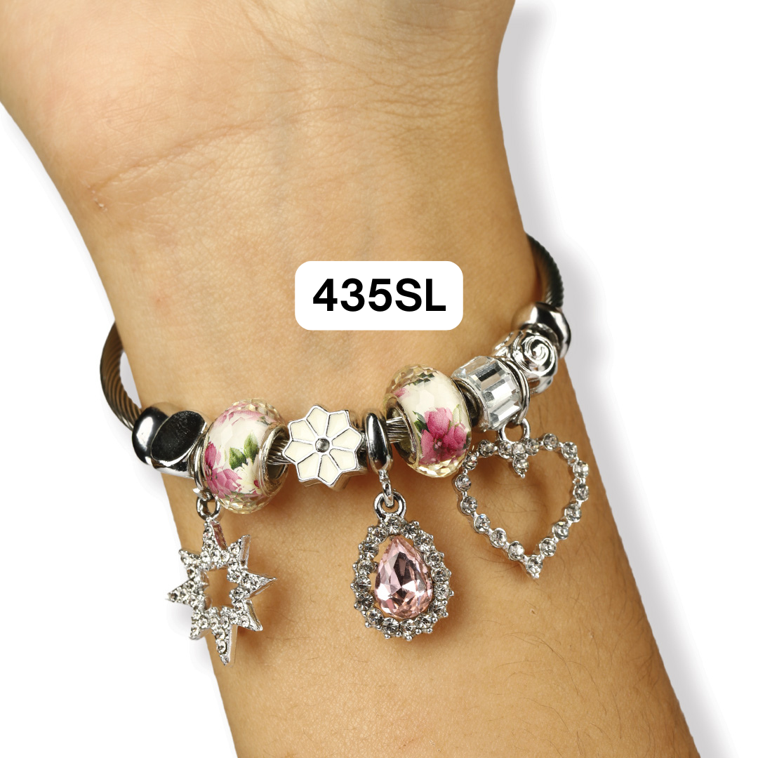 Stainless Steel Charm Bracelet for Women, No Clasp, Cuff Cable Bangle with Dangle Charms Beads