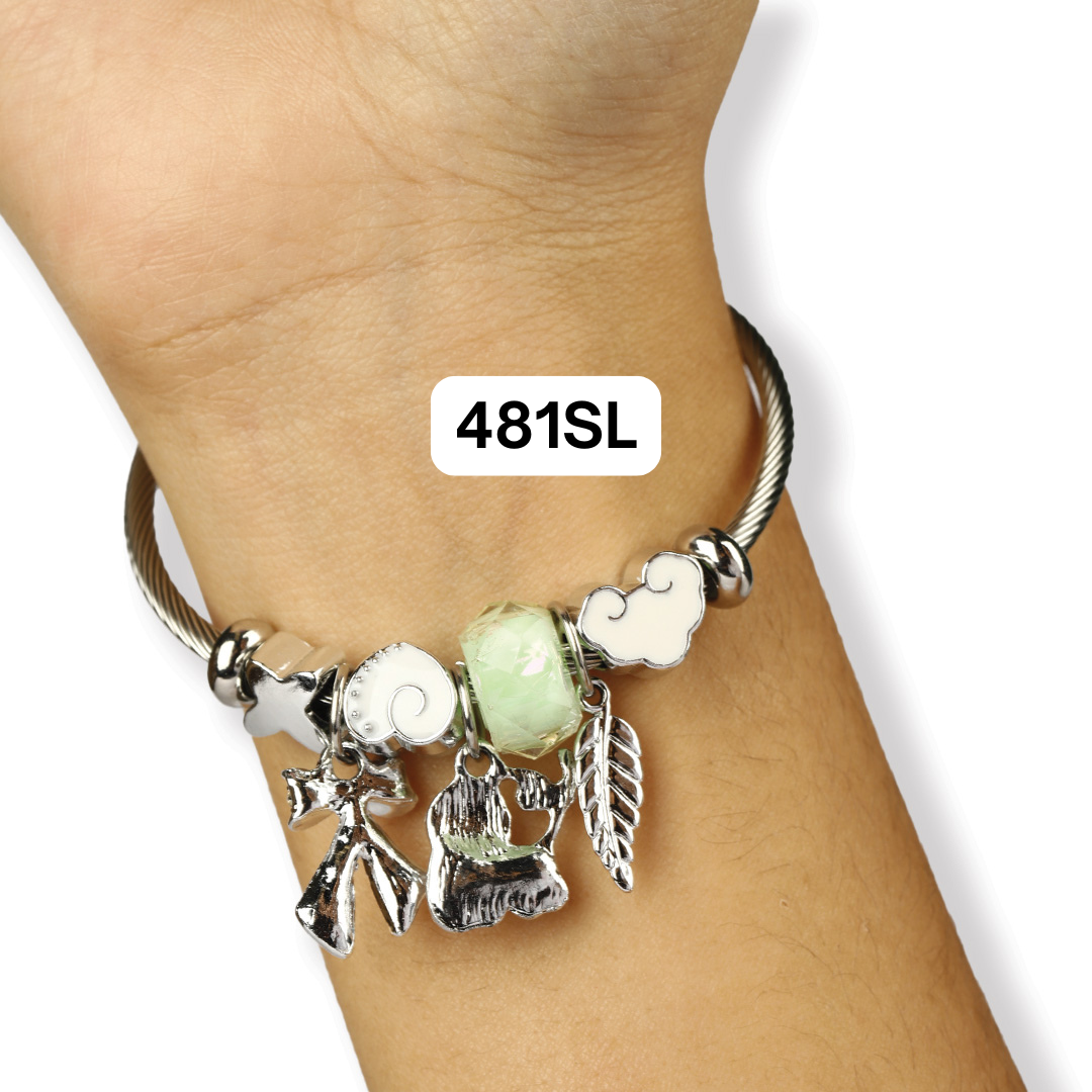 Stainless Steel Charm Bracelet for Women, No Clasp, Cuff Cable Bangle with Dangle Charms Beads