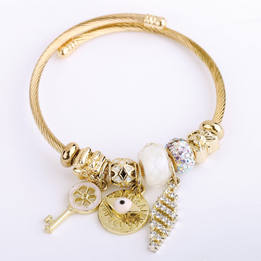 Stainless Steel Charm Bracelet for Women, No Clasp, Cuff Cable Bangle with Dangle Charms Beads
