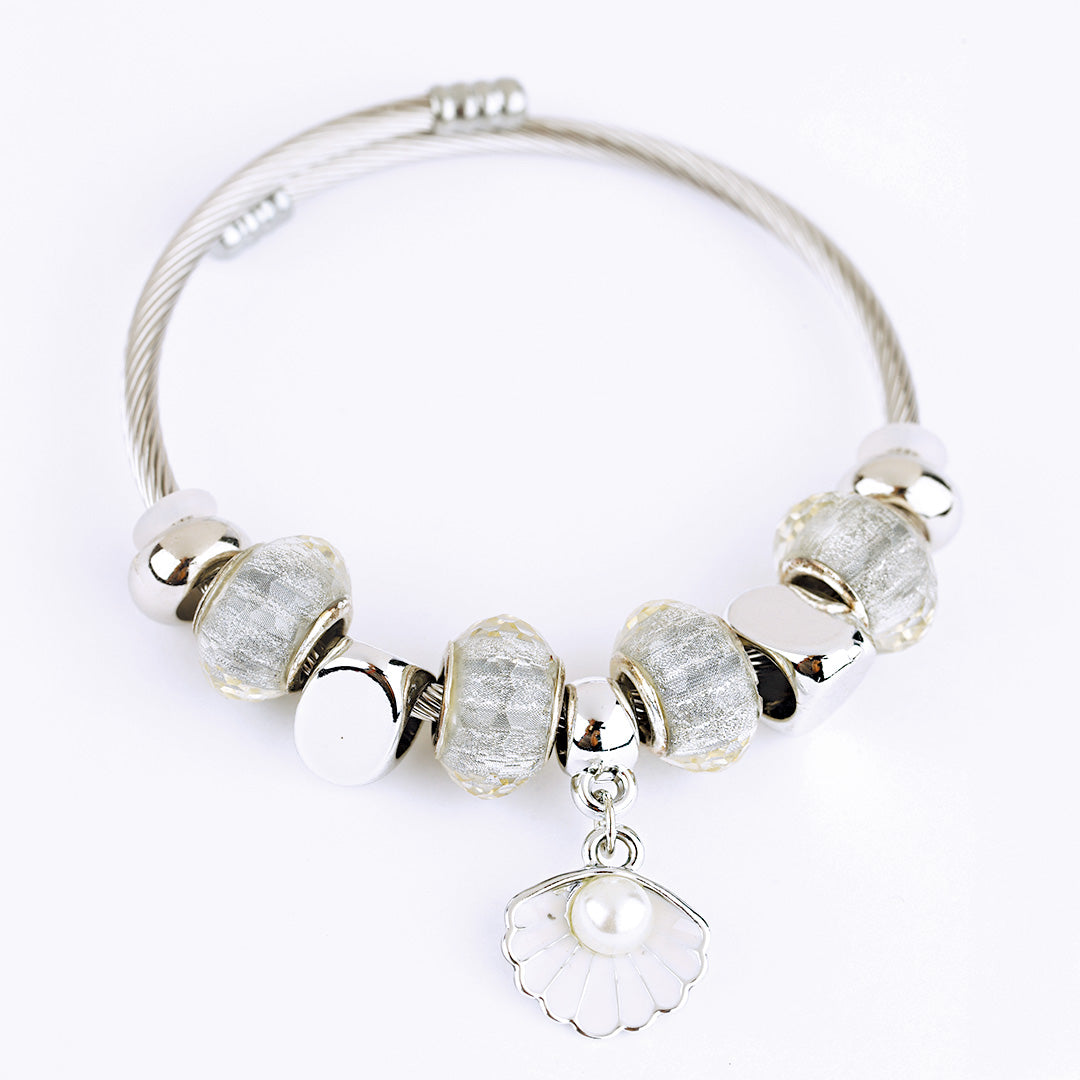 Stainless Steel Charm Bracelet for Women, No Clasp, Cuff Cable Bangle with Dangle Charms Beads
