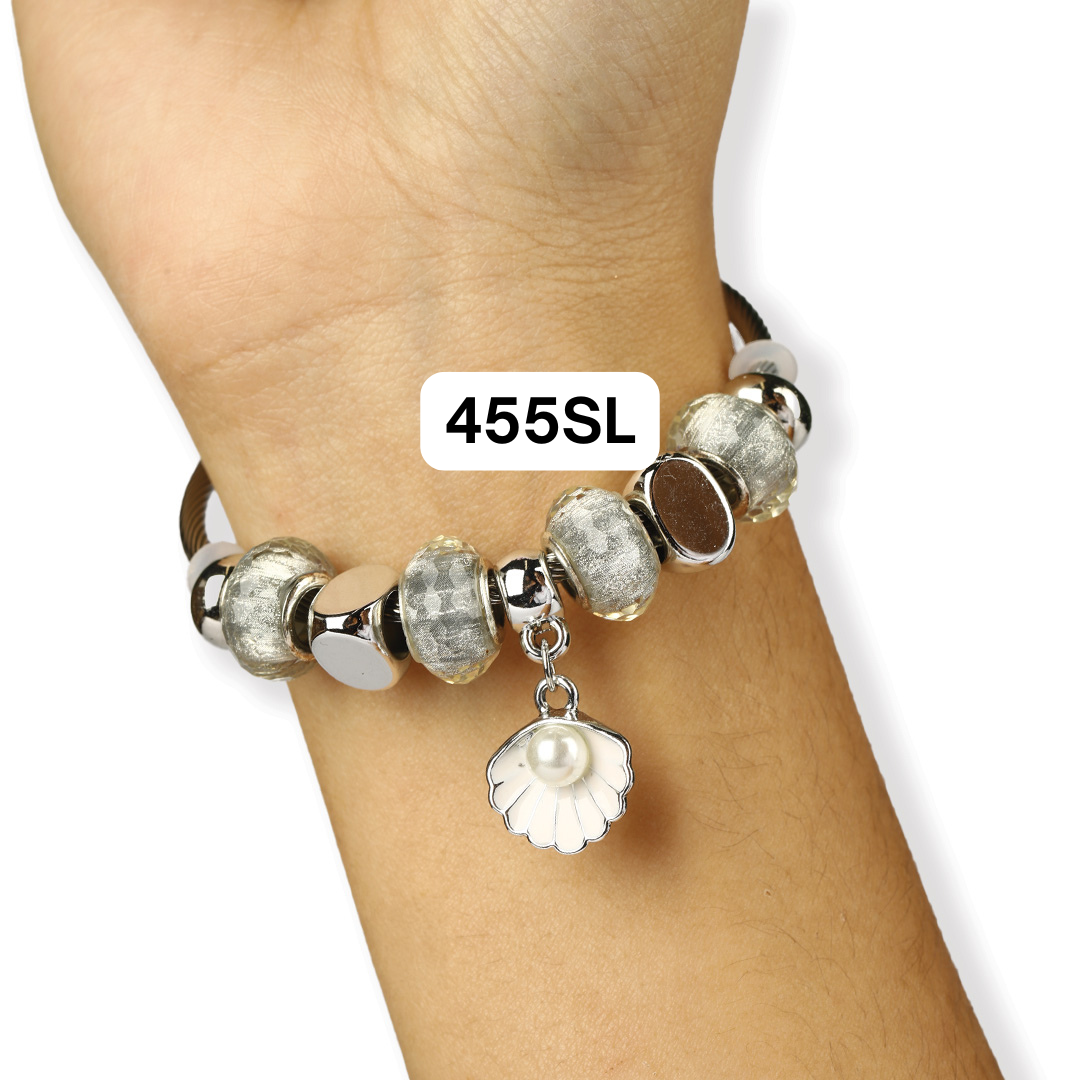 Stainless Steel Charm Bracelet for Women, No Clasp, Cuff Cable Bangle with Dangle Charms Beads