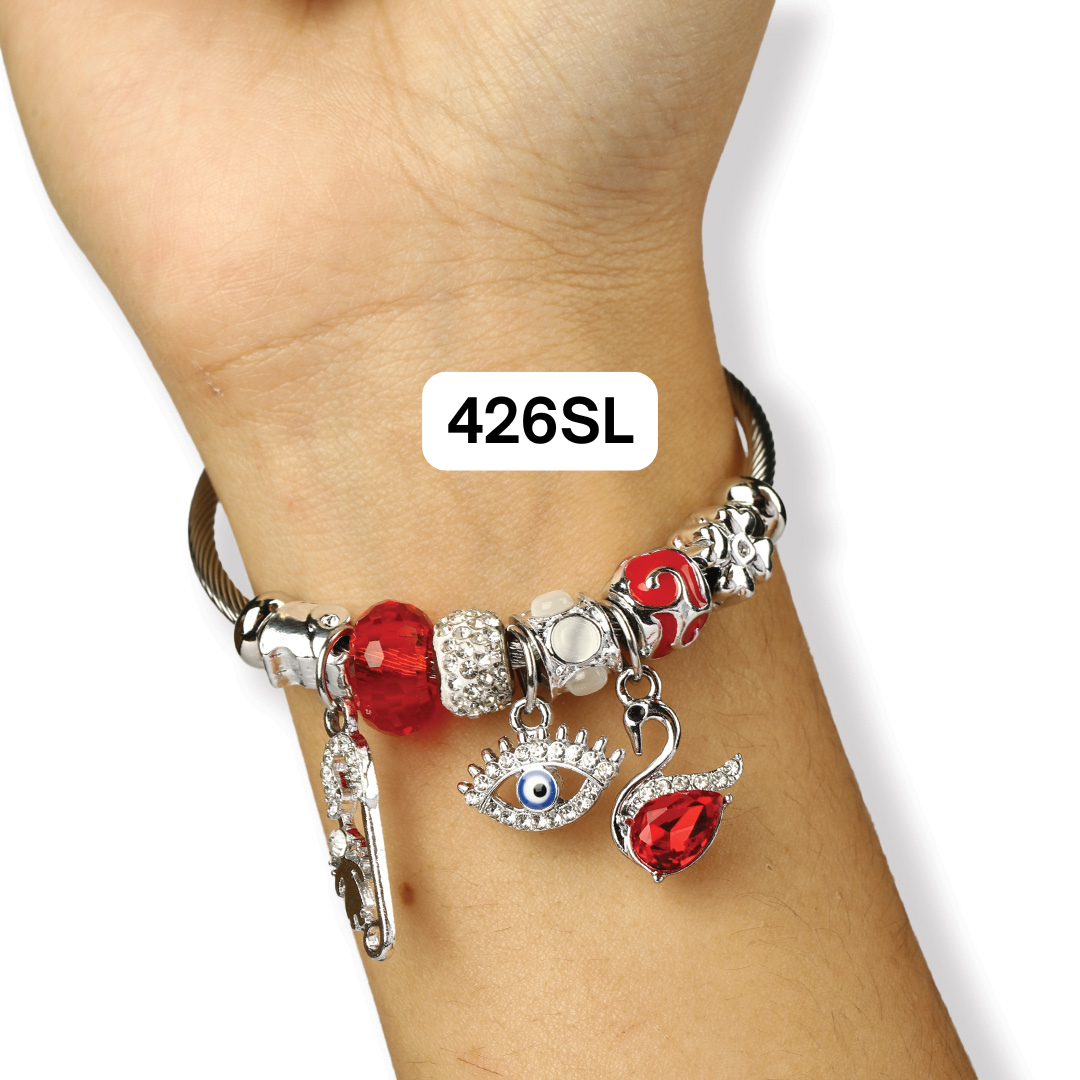 Stainless Steel Charm Bracelet for Women, No Clasp, Cuff Cable Bangle with Dangle Charms Beads