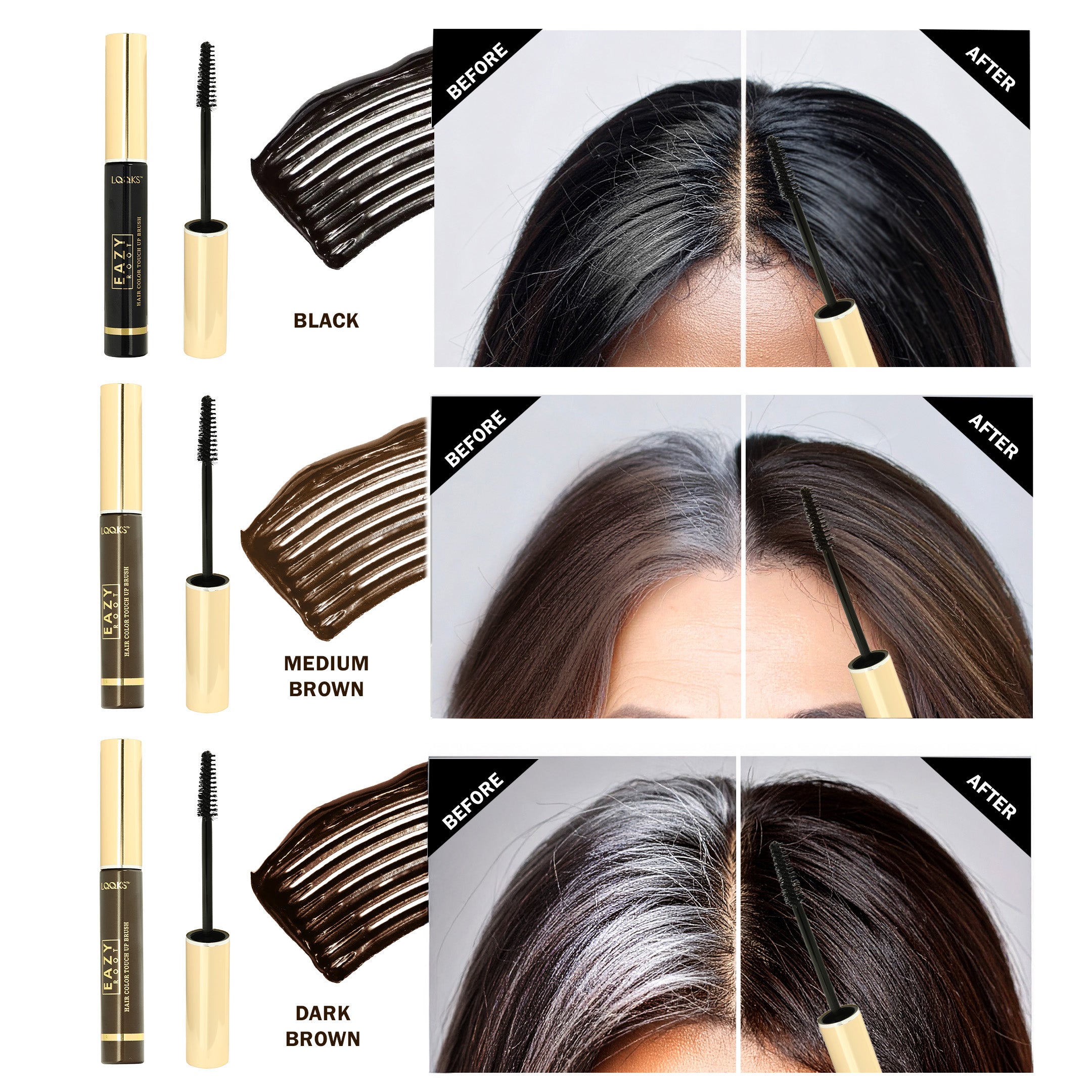 LQQKS Eazy Root Touch-Up Hair Brush & Stick Set - Instant Grey Root Coverage - Temporary Hair Color, Concealer for Black, Medium Brown & Dark Brown Hair