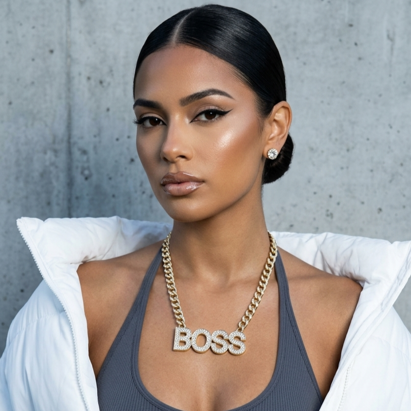 Iced Out BOSS Pendant Chain Necklace and Stud Earrings Set - Gold Tone Rhinestone Statement Word Choker, Y2K Hip Hop Streetwear Fashion Jewelry