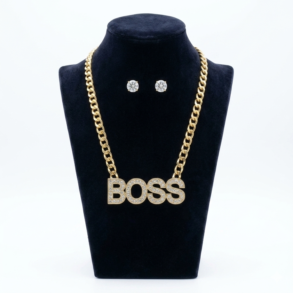 Iced Out BOSS Pendant Chain Necklace and Stud Earrings Set - Gold Tone Rhinestone Statement Word Choker, Y2K Hip Hop Streetwear Fashion Jewelry