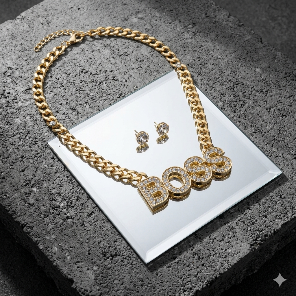 Iced Out BOSS Pendant Chain Necklace and Stud Earrings Set - Gold Tone Rhinestone Statement Word Choker, Y2K Hip Hop Streetwear Fashion Jewelry