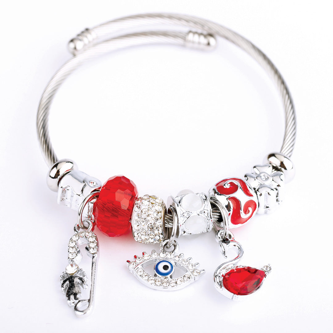 Stainless Steel Charm Bracelet for Women, No Clasp, Cuff Cable Bangle with Dangle Charms Beads