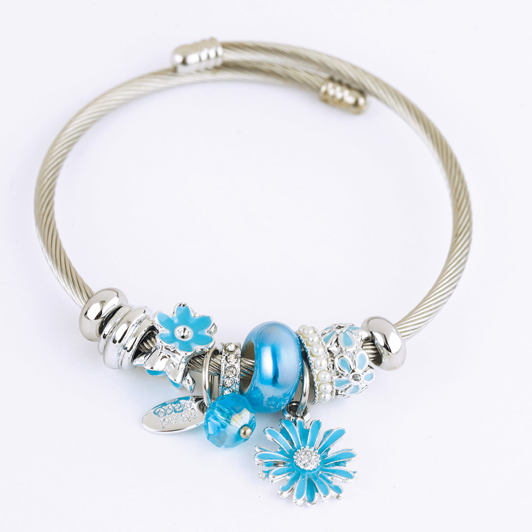 Stainless Steel Charm Bracelet for Women, No Clasp, Cuff Cable Bangle with Dangle Charms Beads