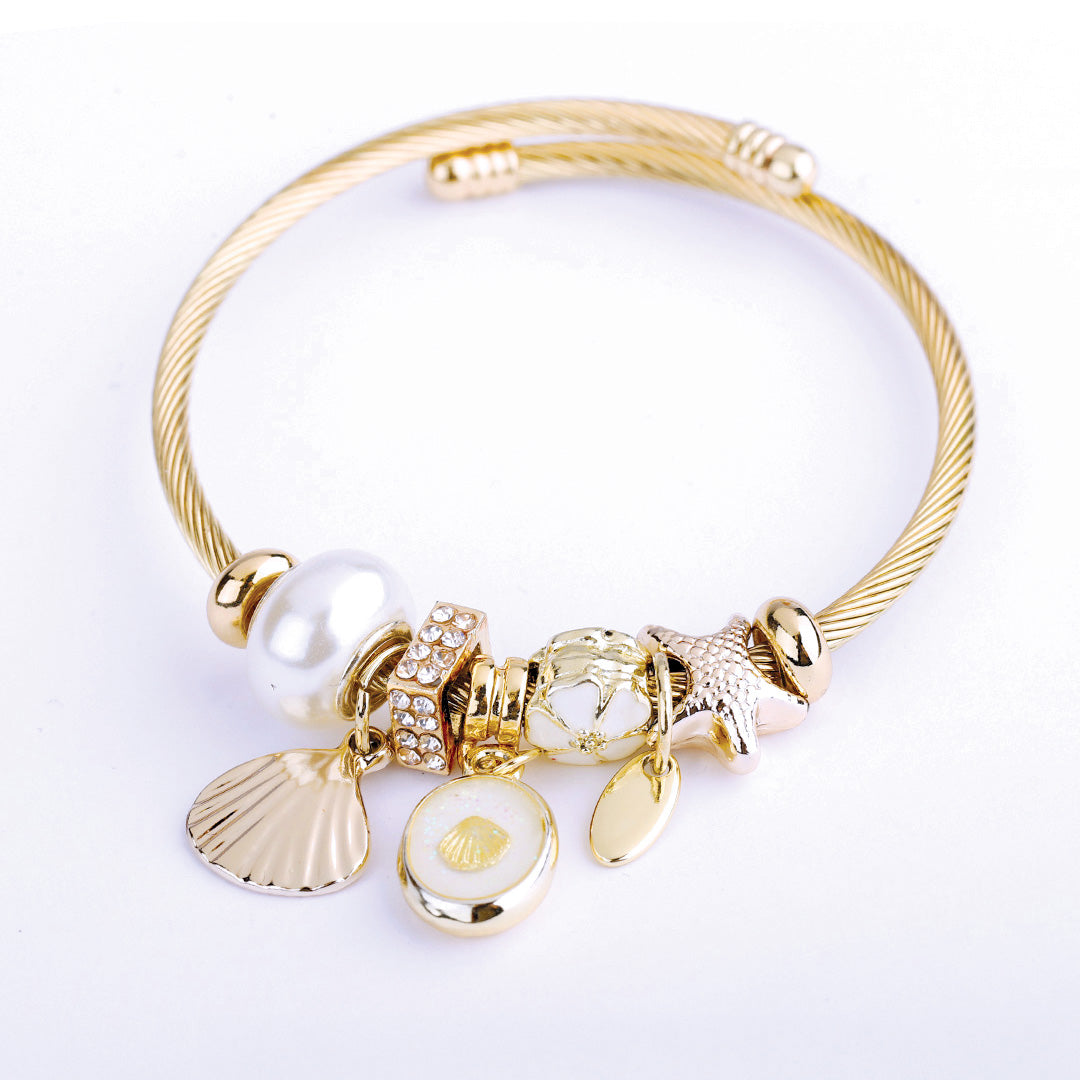 Stainless Steel Charm Bracelet for Women, No Clasp, Cuff Cable Bangle with Dangle Charms Beads