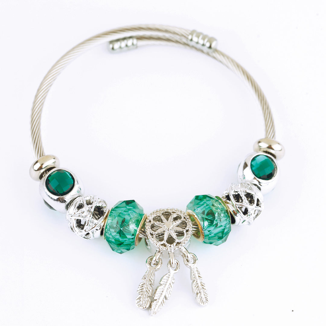 Stainless Steel Charm Bracelet for Women, No Clasp, Cuff Cable Bangle with Dangle Charms Beads