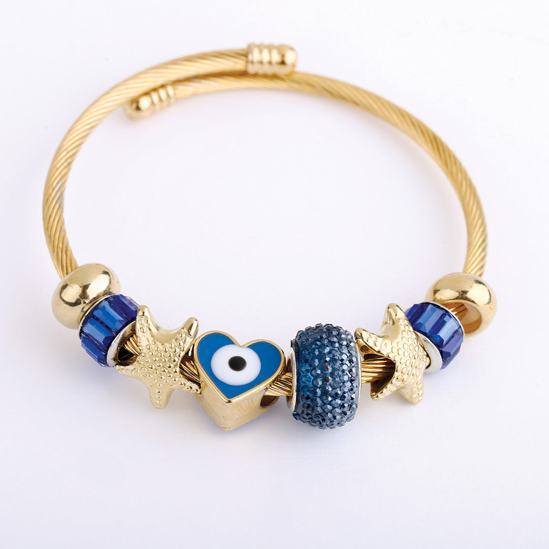 Stainless Steel Charm Bracelet for Women, No Clasp, Cuff Cable Bangle with Dangle Charms Beads