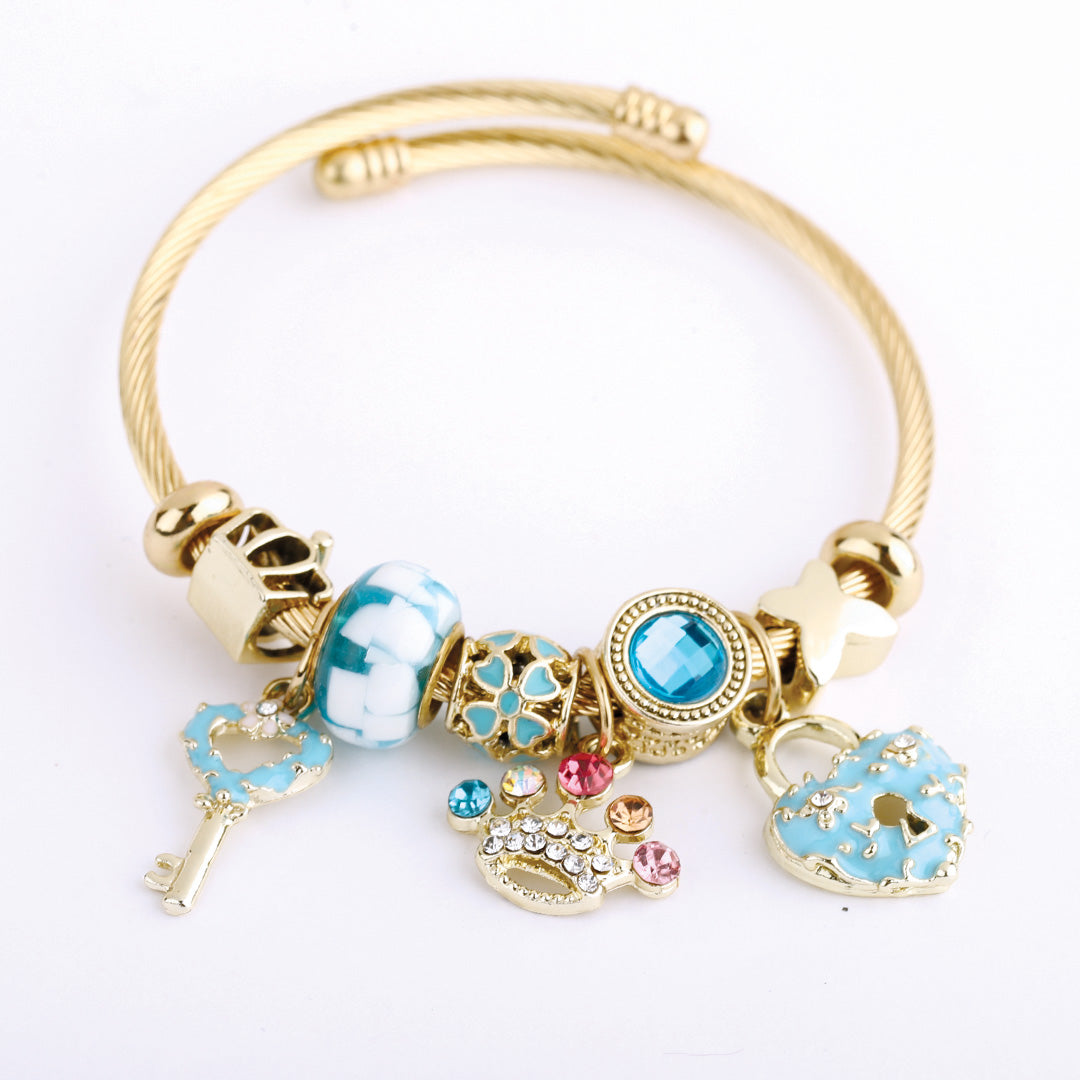 Stainless Steel Charm Bracelet for Women, No Clasp, Cuff Cable Bangle with Dangle Charms Beads