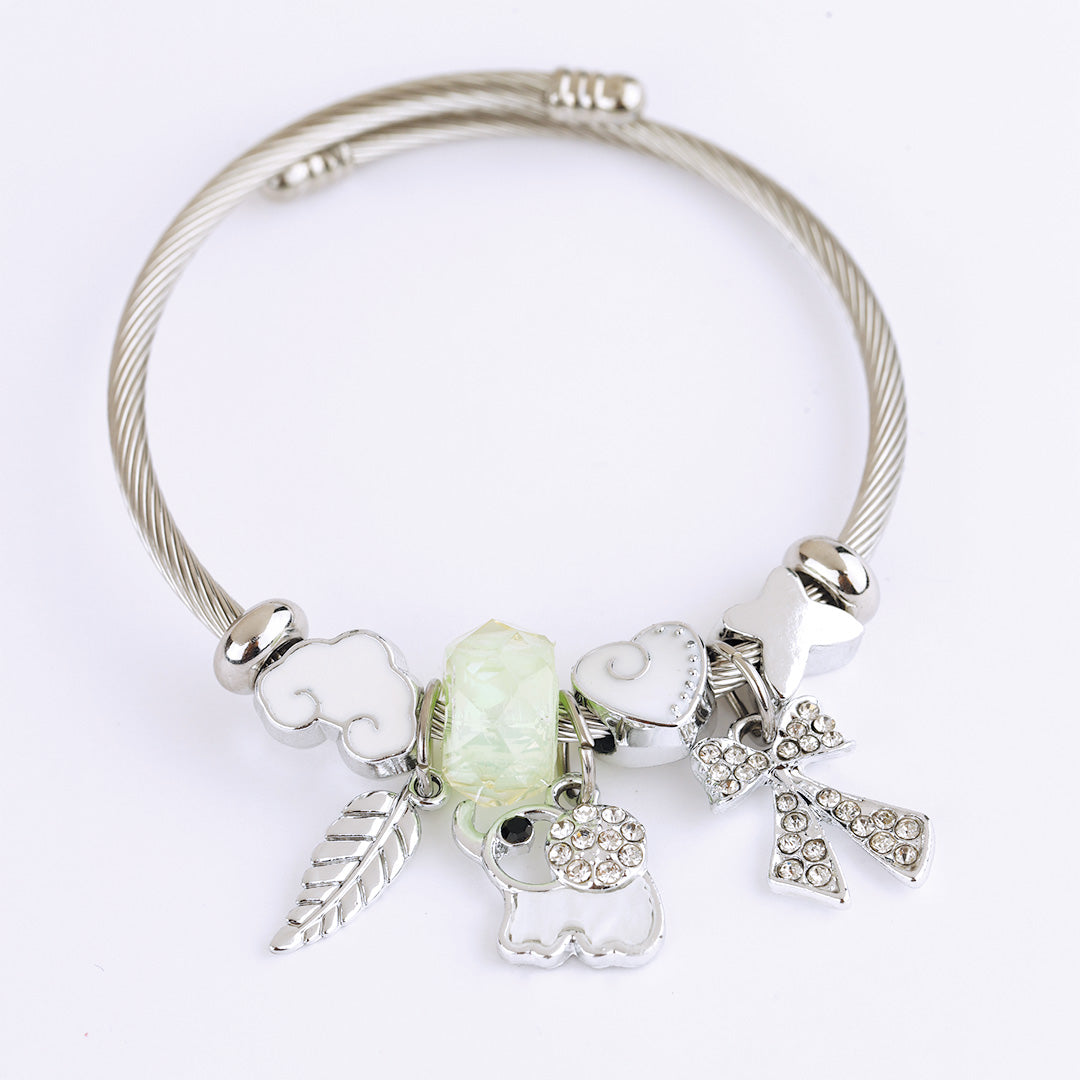 Stainless Steel Charm Bracelet for Women, No Clasp, Cuff Cable Bangle with Dangle Charms Beads