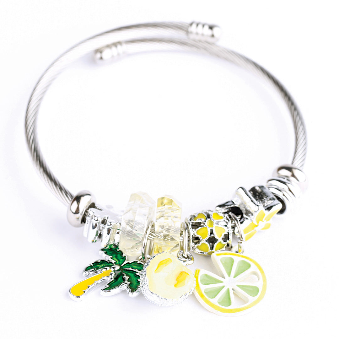 Stainless Steel Charm Bracelet for Women, No Clasp, Cuff Cable Bangle with Dangle Charms Beads