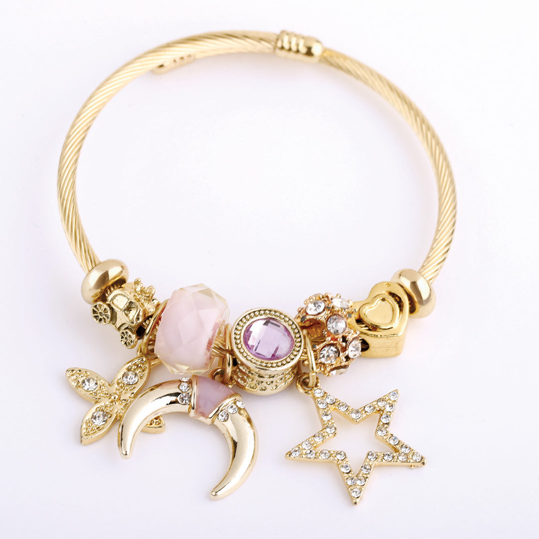 Stainless Steel Charm Bracelet for Women, No Clasp, Cuff Cable Bangle with Dangle Charms Beads