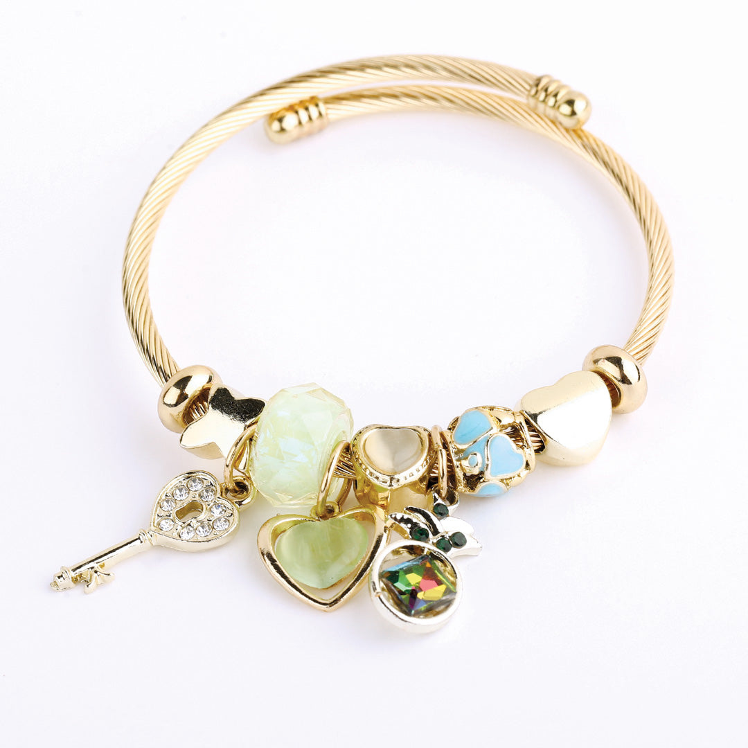 Stainless Steel Charm Bracelet for Women, No Clasp, Cuff Cable Bangle with Dangle Charms Beads