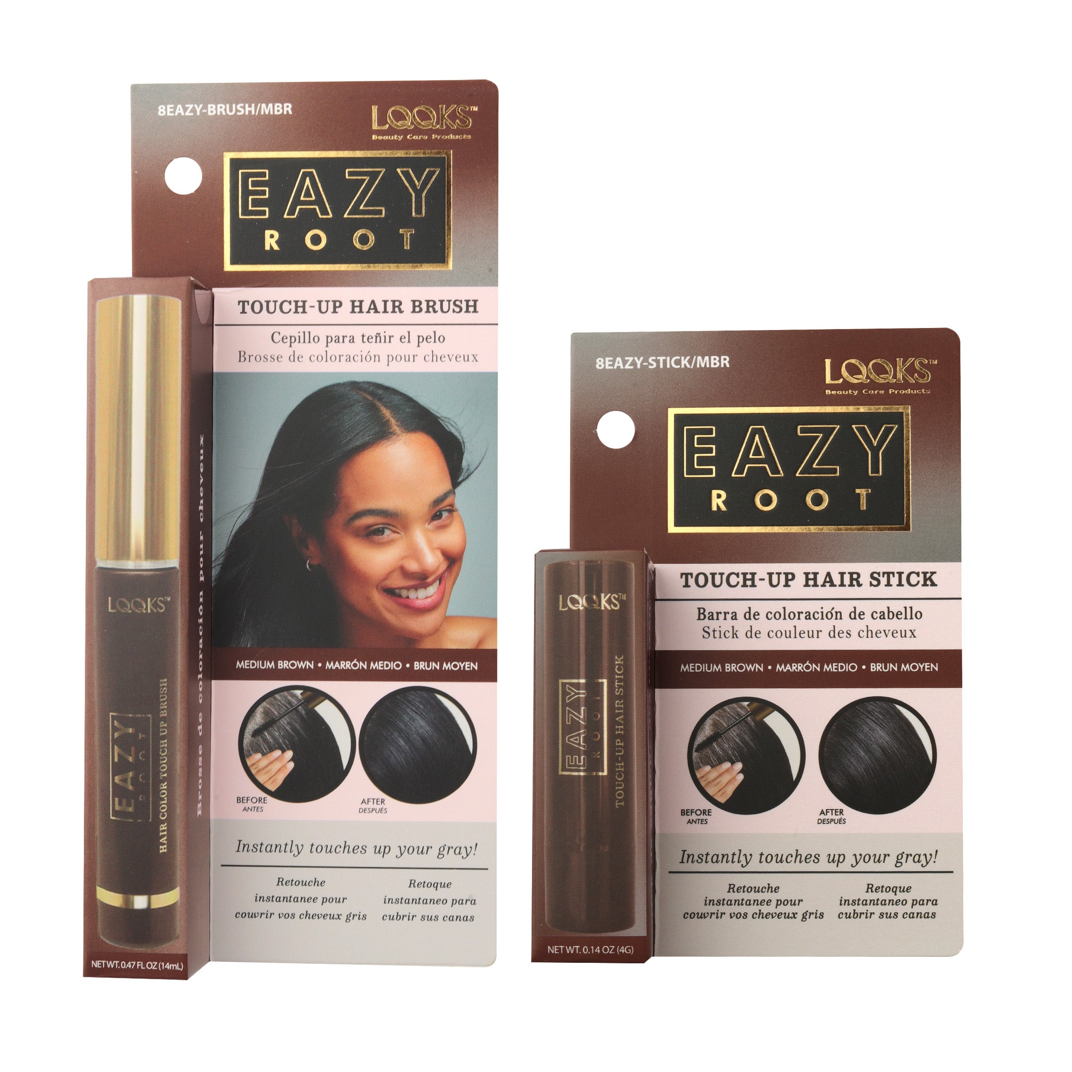 LQQKS Eazy Root Touch-Up Hair Brush & Stick Set - Instant Grey Root Coverage - Temporary Hair Color, Concealer for Black, Medium Brown & Dark Brown Hair