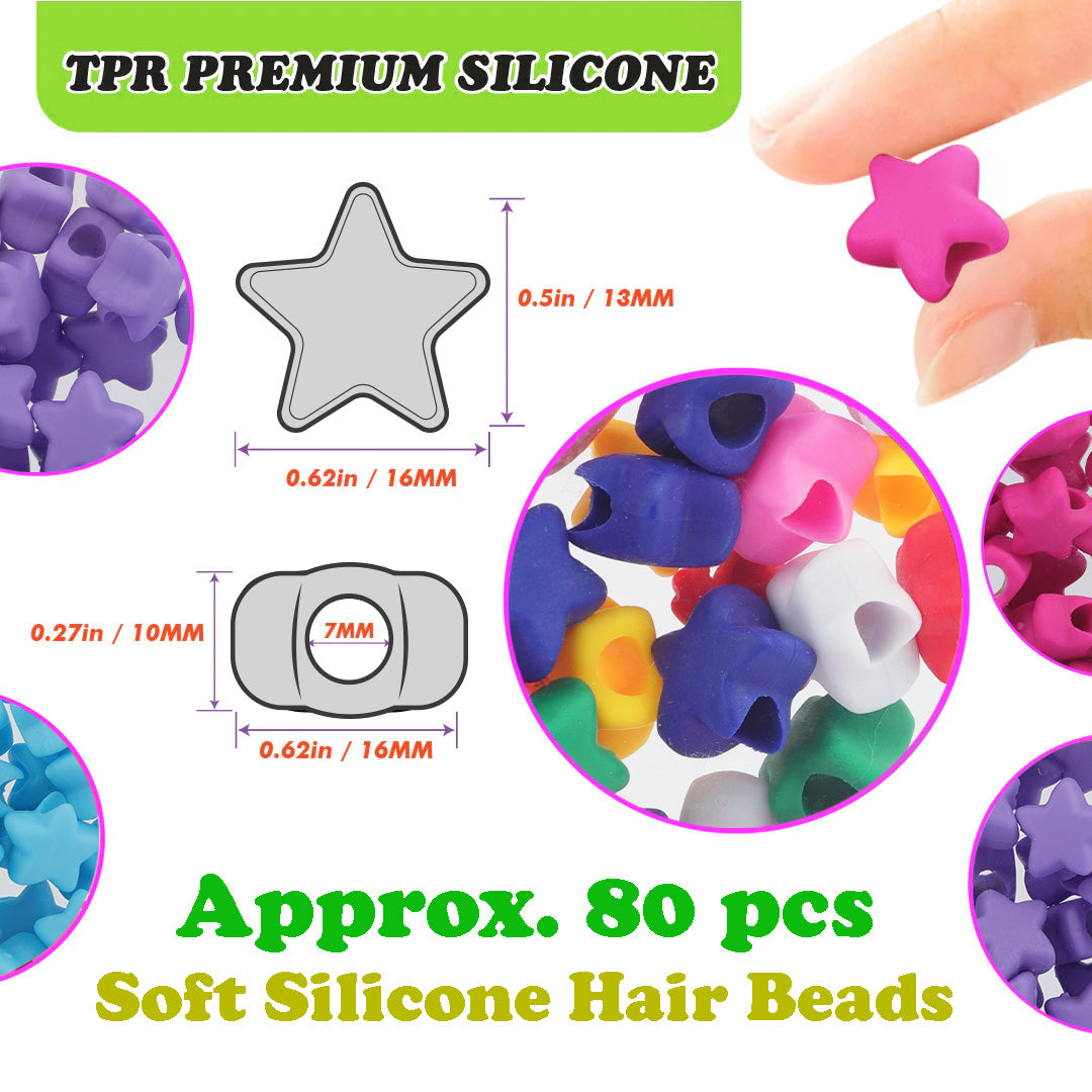 Star Shaped Silicone Hair Beads – 1 Pack, 80 PCS 16mm, Soft & Flexible, Noiseless, Painless Hair Accessories for Women & Girls Stylish Braiding