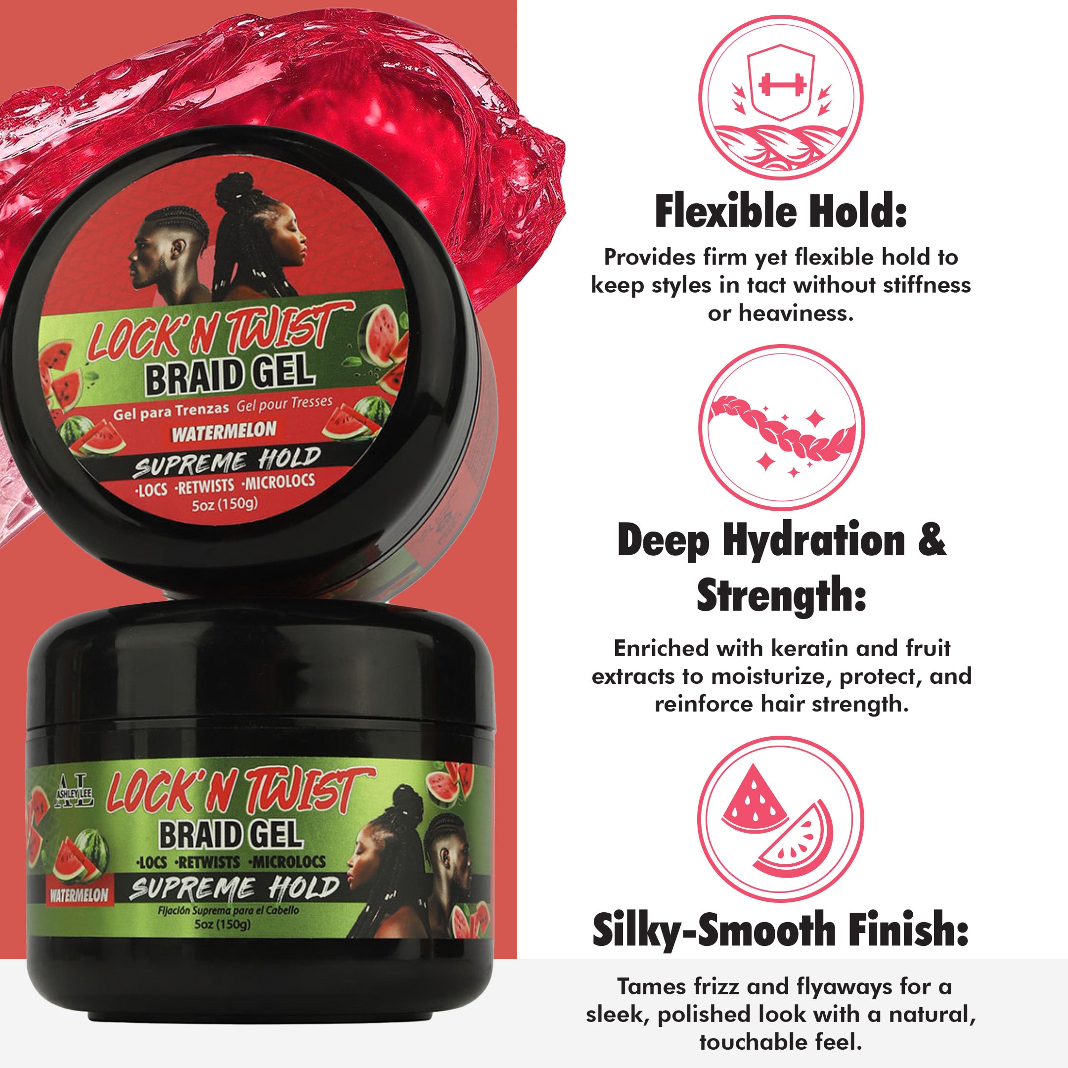 Lock N' Twist Braid Gel – Extreme Hold, High Shine, Smooths & Tames - for Long-Lasting Braids, Locs, Edges, Twists & Cornrows - 5 oz Watermelon Scented by Ashley Lee