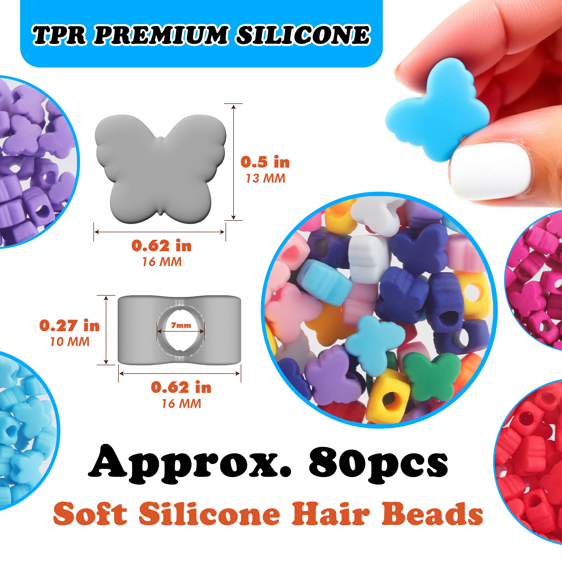 Butterfly Shaped Silicone Hair Beads – 1 Pack, 80 PCS 16mm, Soft & Flexible, Noiseless, Painless Hair Accessories for Women & Girls Stylish Braiding