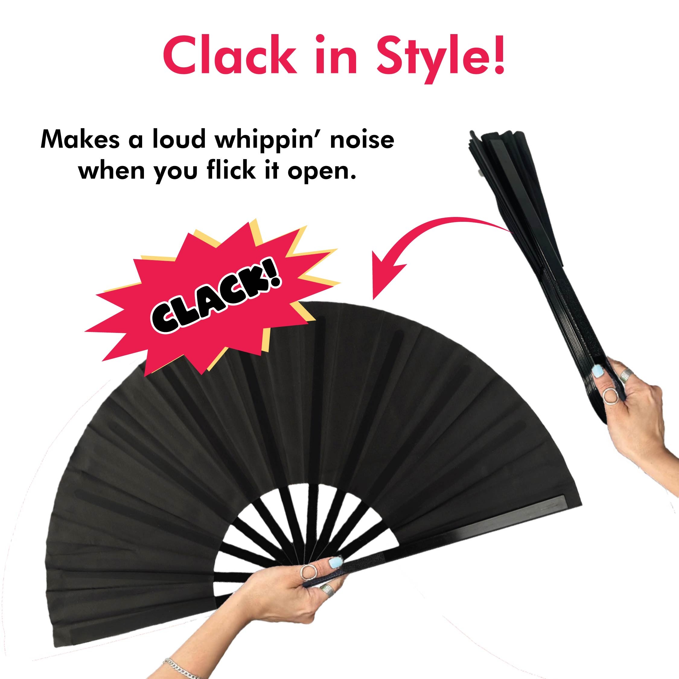 2 Pack Large Folding Clack Fan – Loud Snap Hand Fan for Line Dance, Rave, Festival, Performance, Cosplay, Costume & Cooling