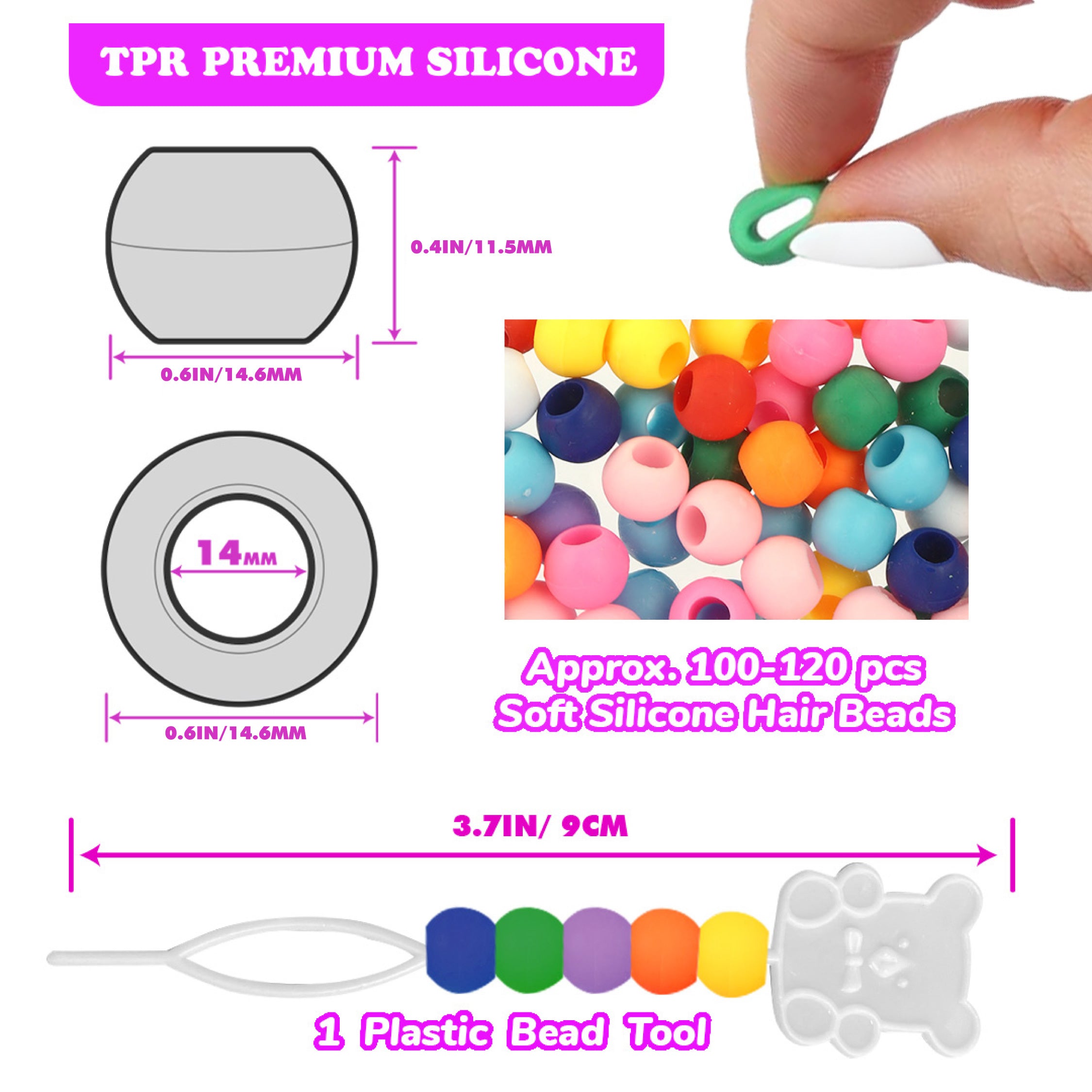 Silicone Hair Beads – 100 PCS 14mm, Premium Soft Rubber, Noiseless, Painless, Light for Women Girls Stylish Braiding