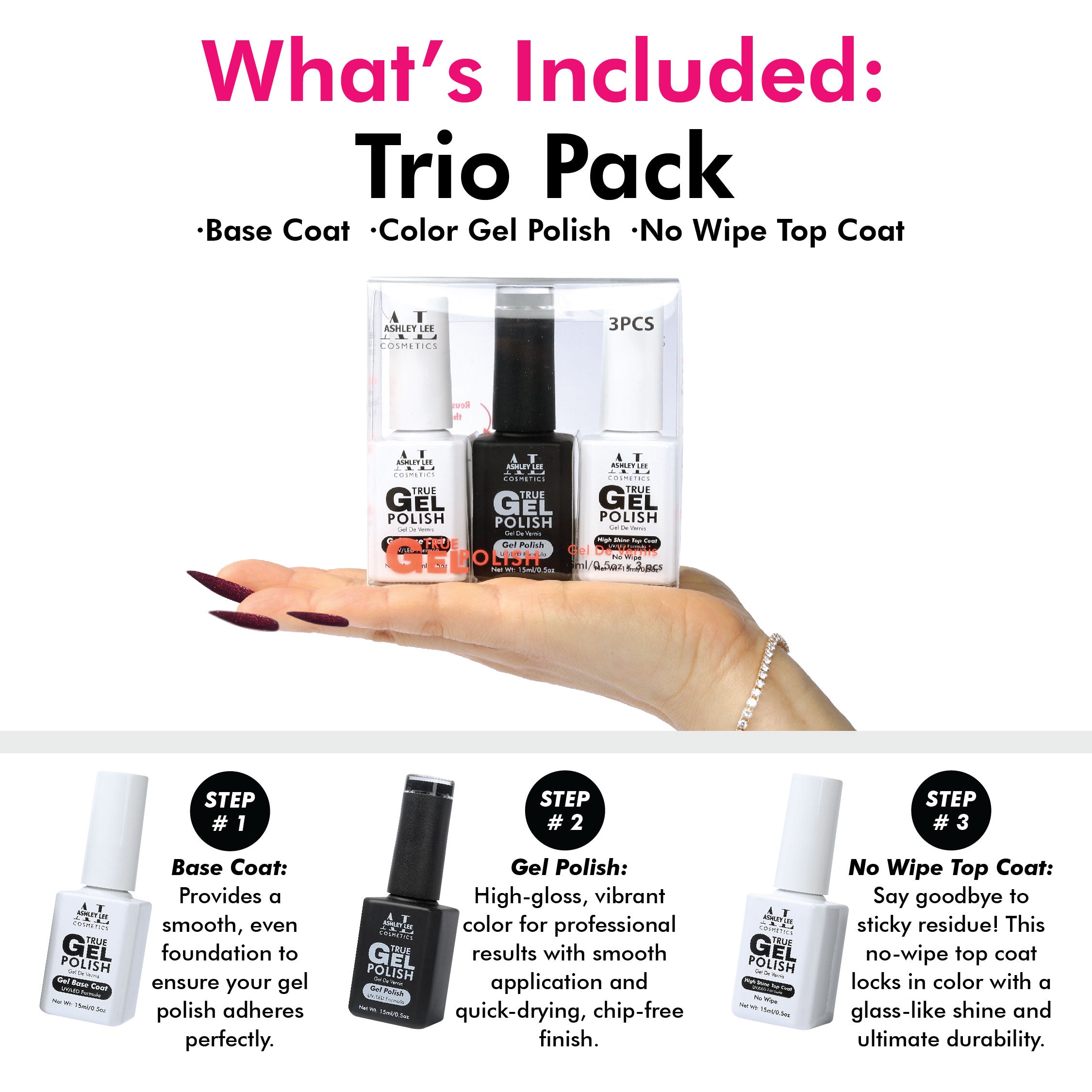 Ashley Lee True Gel Nail Polish Trio Pack - Base Coat,  Gel Polish, No Wipe Top Coat