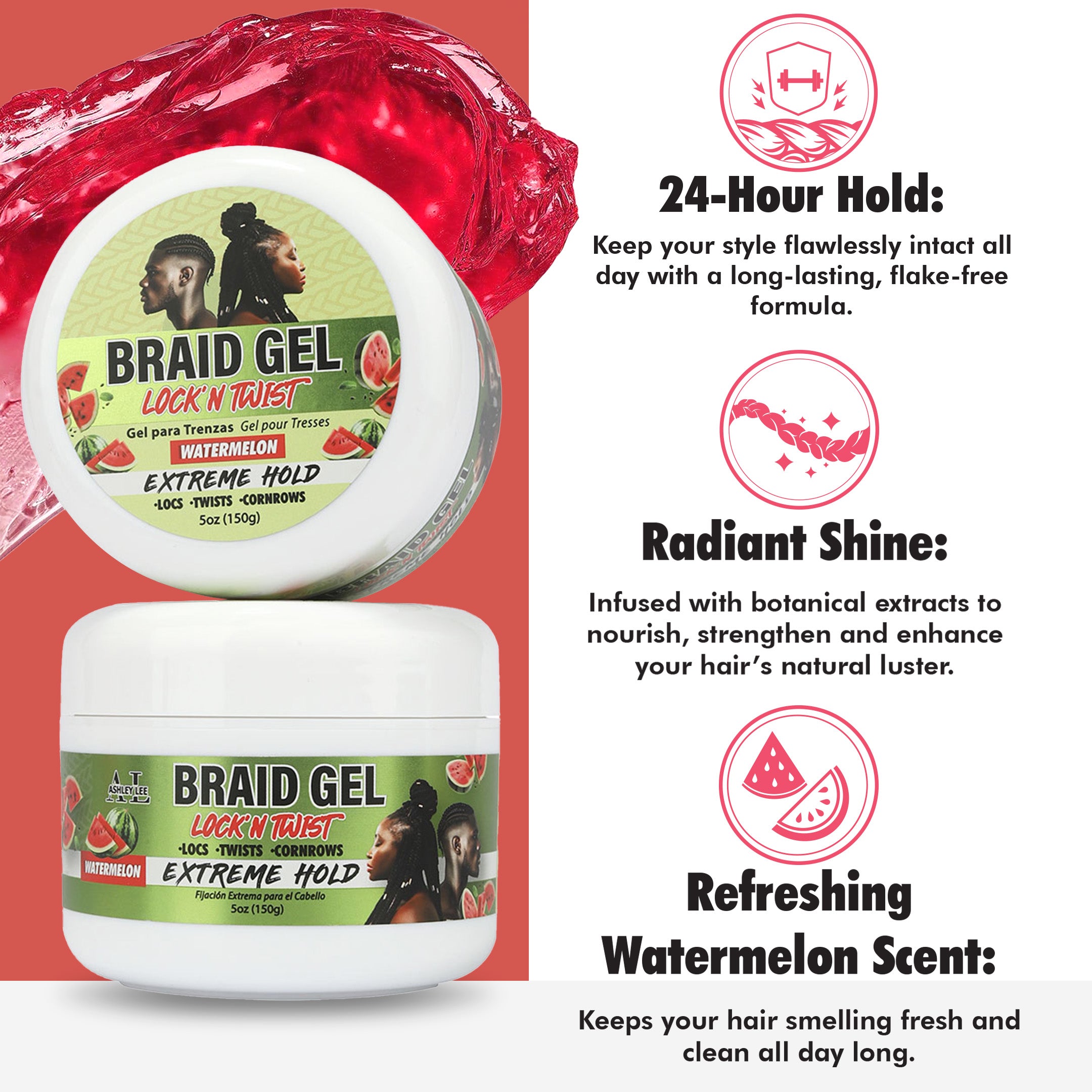 Lock N' Twist Braid Gel – Extreme Hold, High Shine, Smooths & Tames - for Long-Lasting Braids, Locs, Edges, Twists & Cornrows - 5 oz Watermelon Scented by Ashley Lee