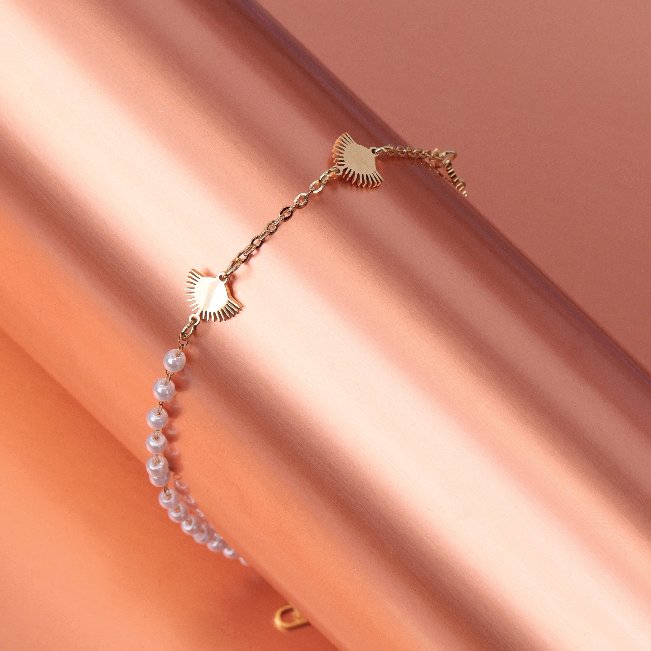 Rising Sun & Faux Pearl Chain Bracelet