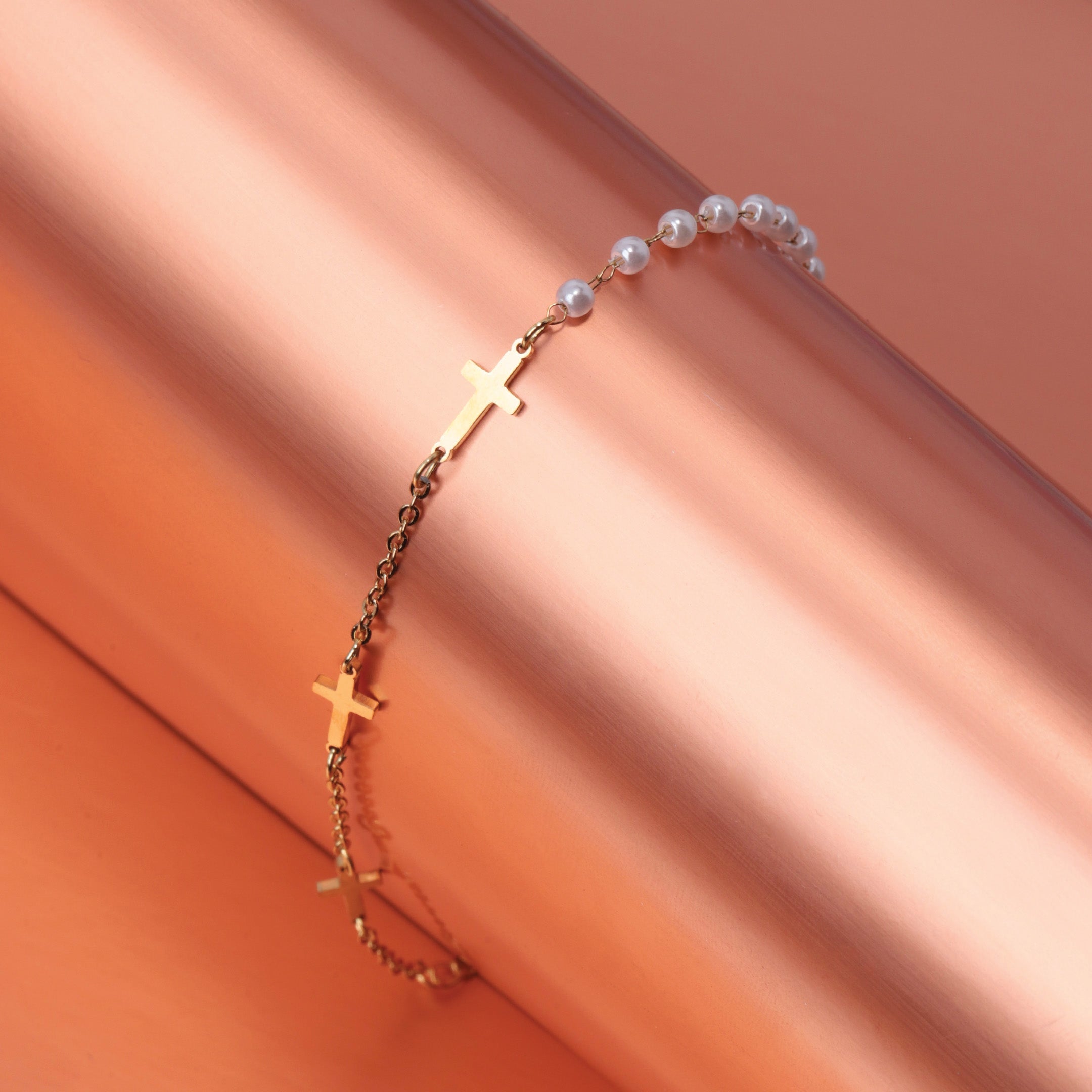 Cross & Faux Pearl Chain Bracelet