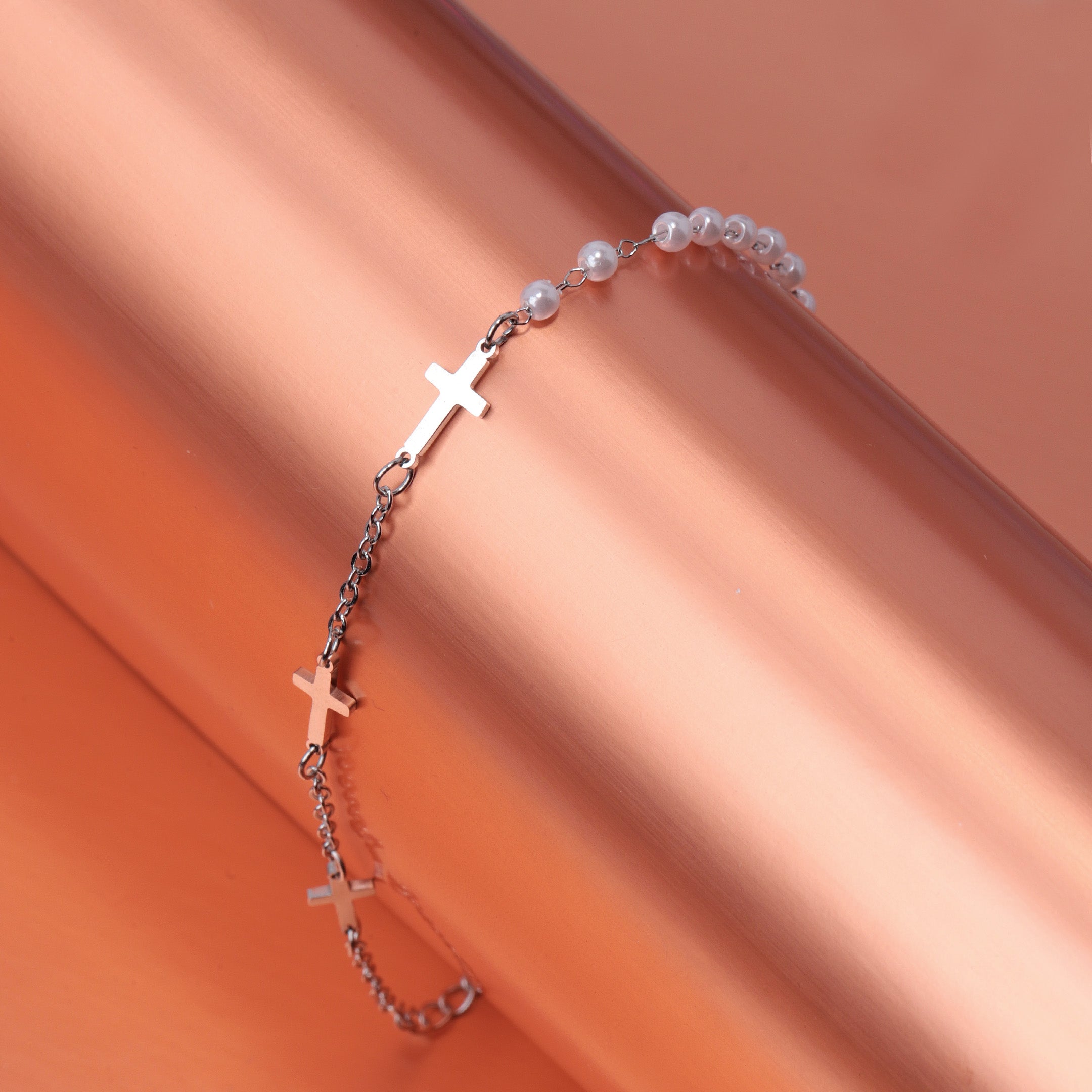Cross & Faux Pearl Chain Bracelet