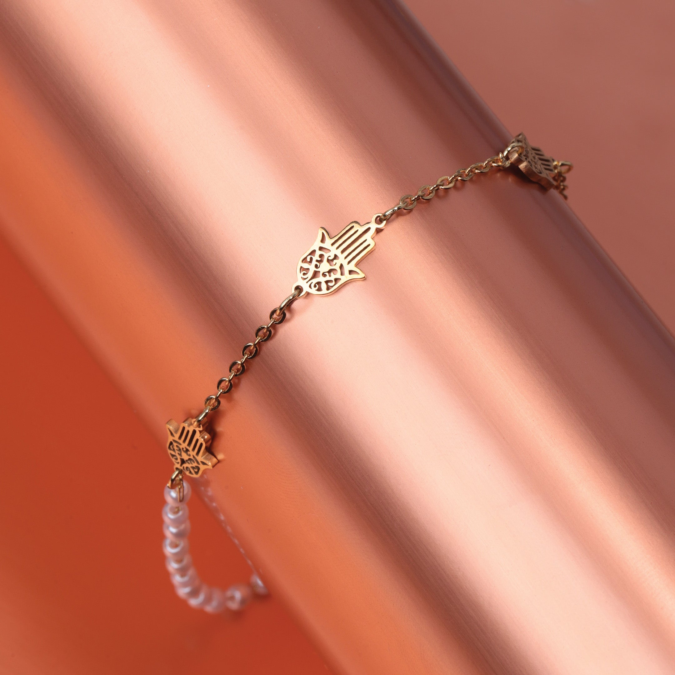 Hamsa Hand & Faux Pearl Chain Bracelet