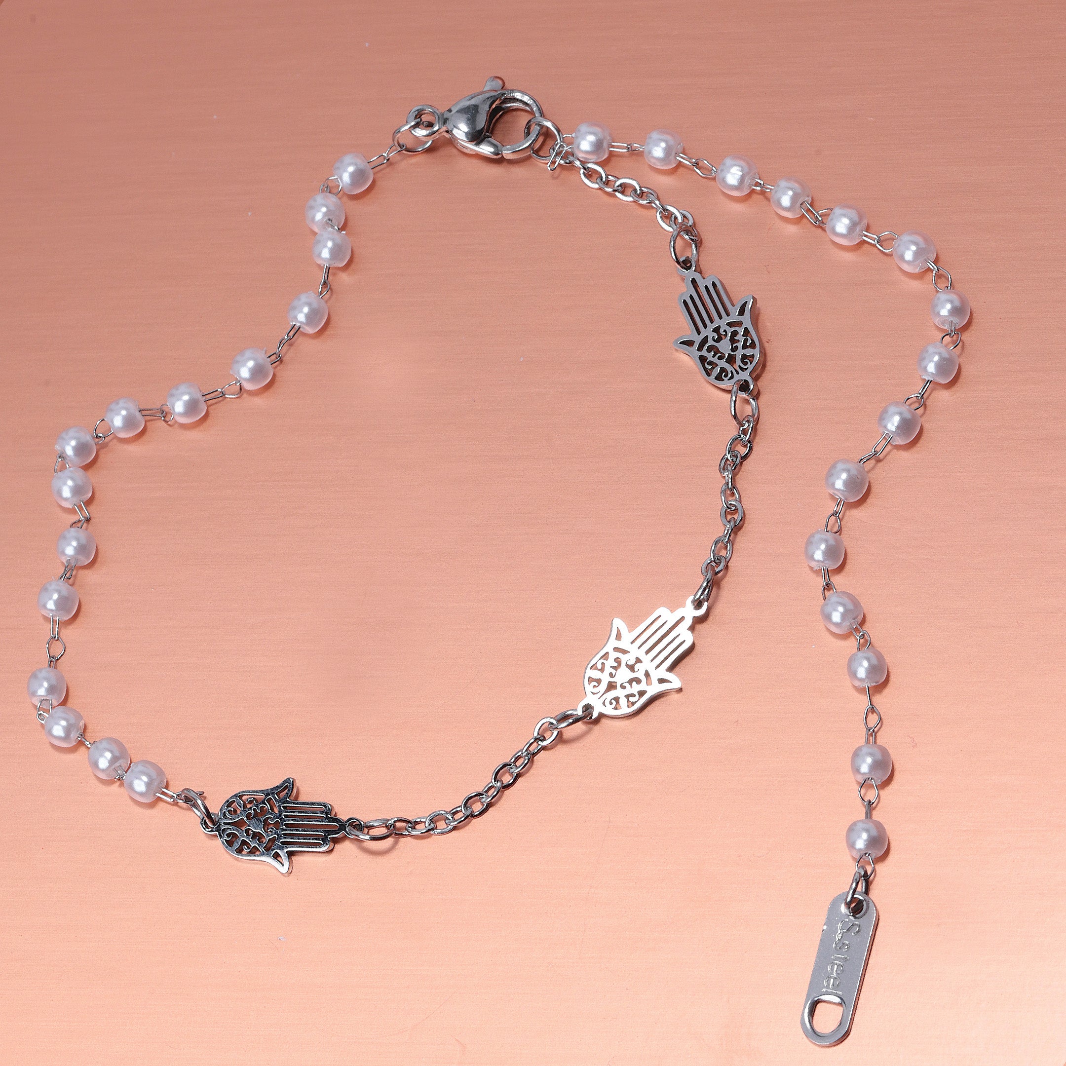 Hamsa Hand & Faux Pearl Chain Bracelet