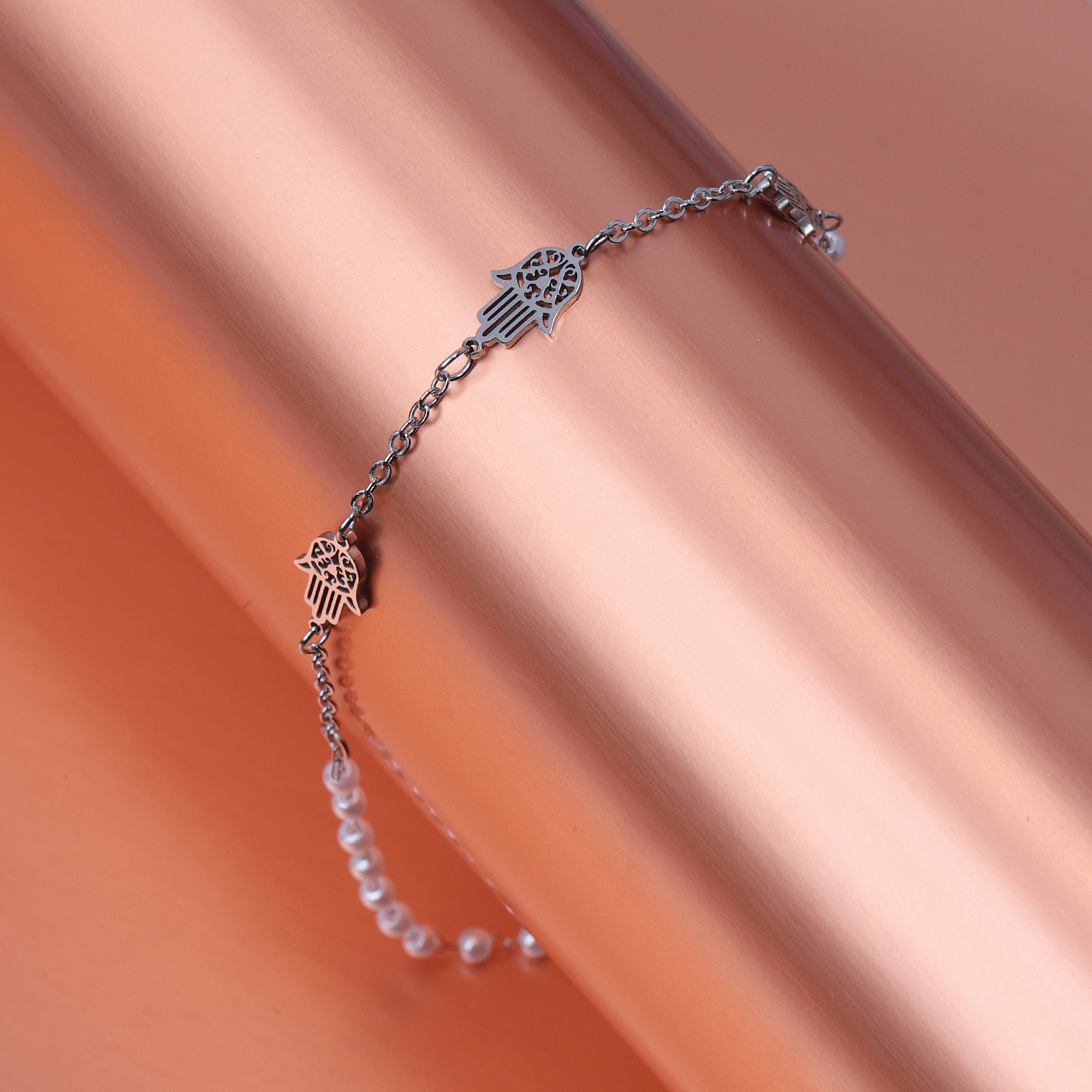 Hamsa Hand & Faux Pearl Chain Bracelet