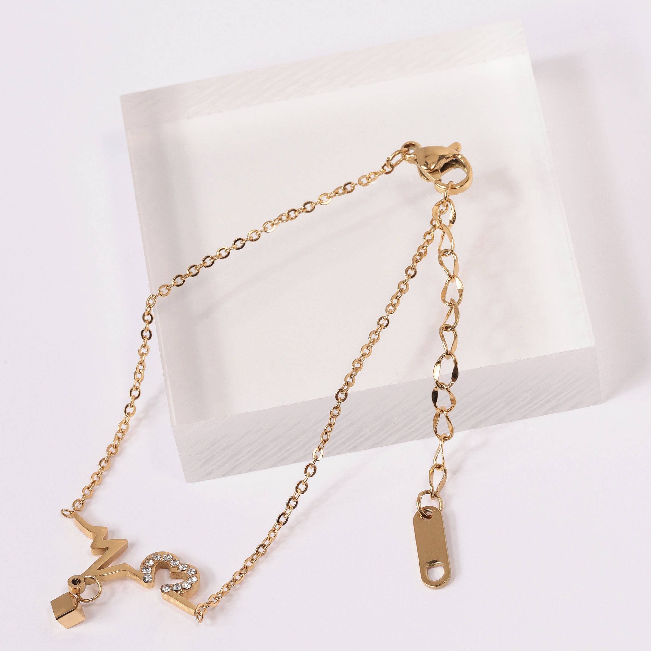 Rhinestone Heart & Love Charm Bracelet