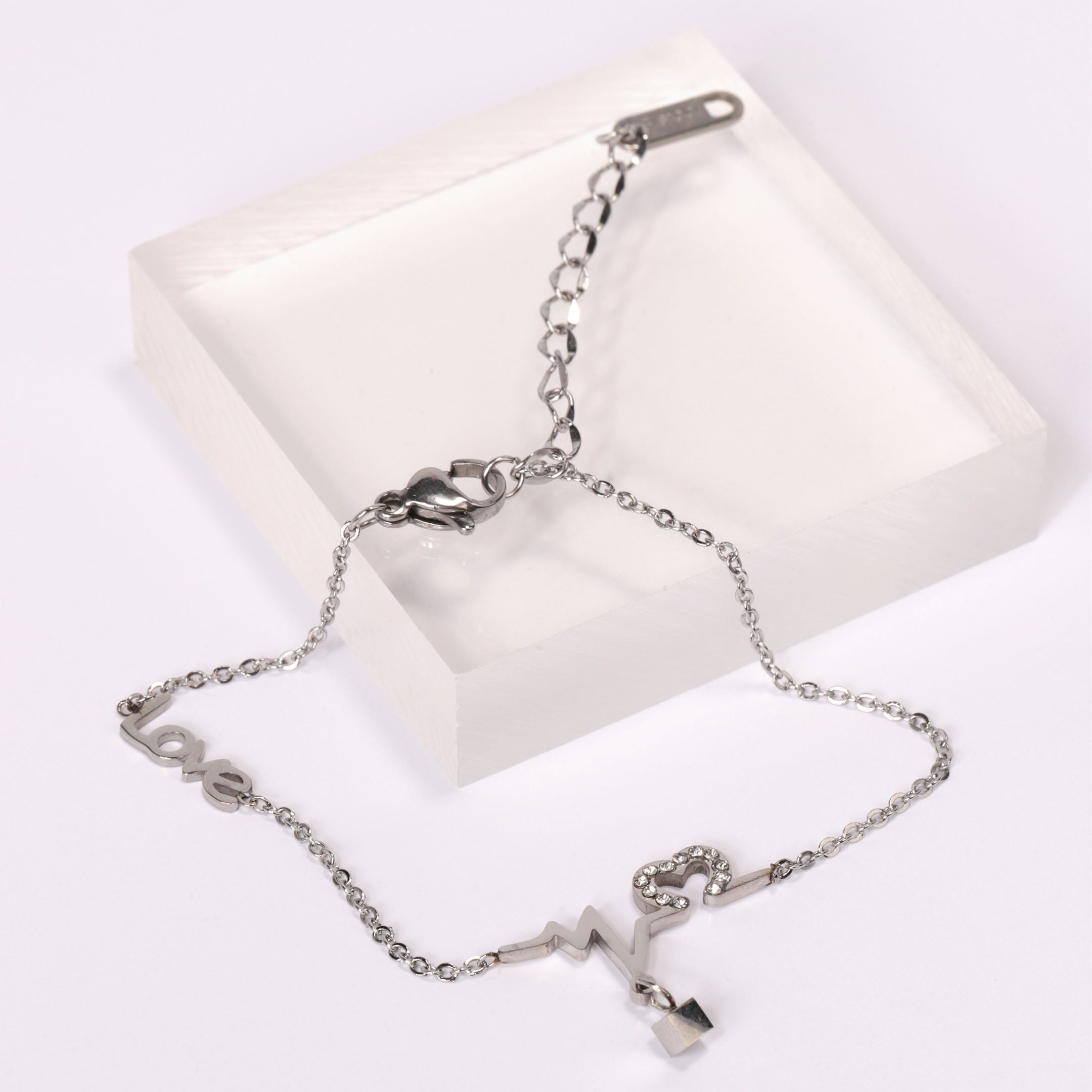 Rhinestone Heart & Love Charm Bracelet