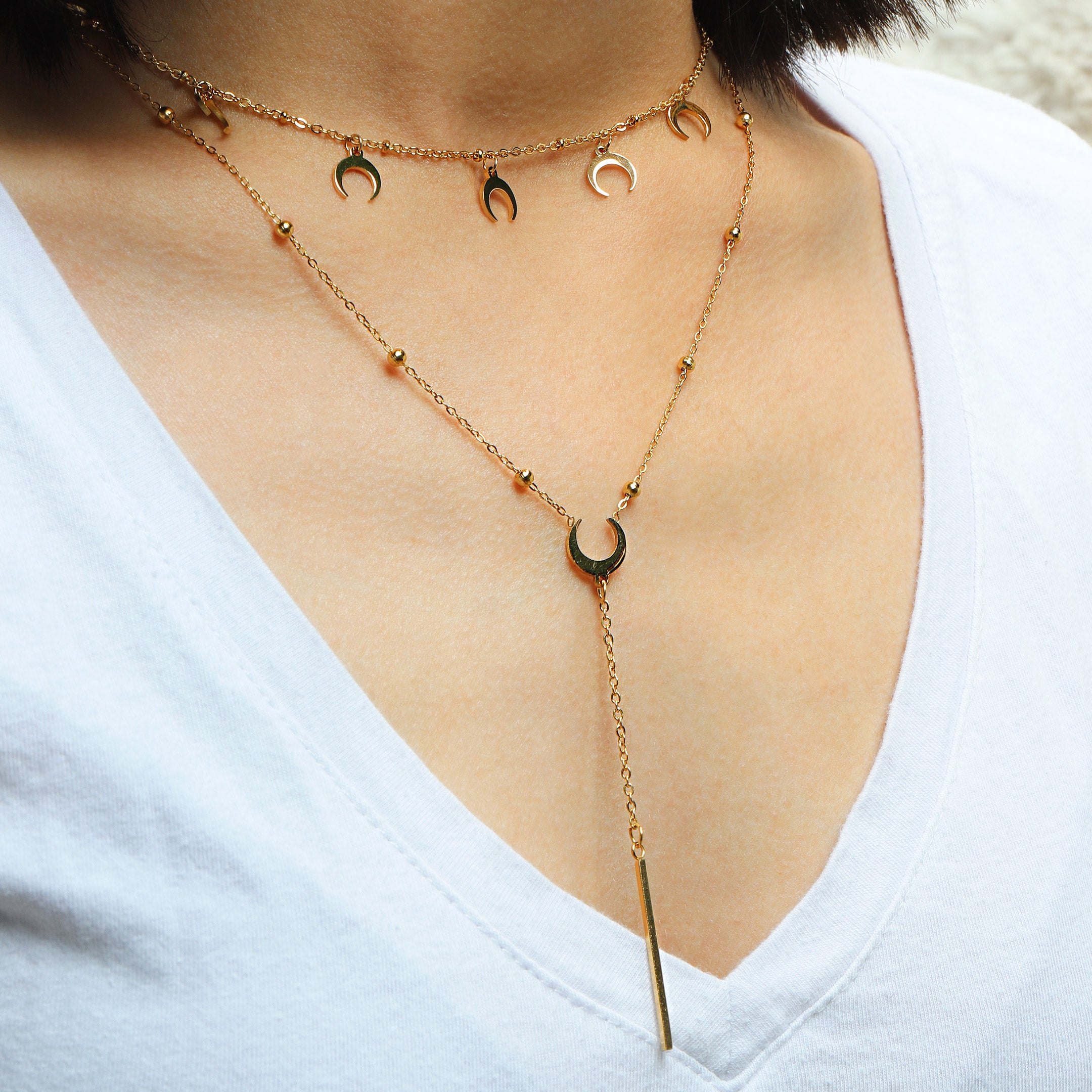Pillar Bar & Moon Charm Layered Necklace