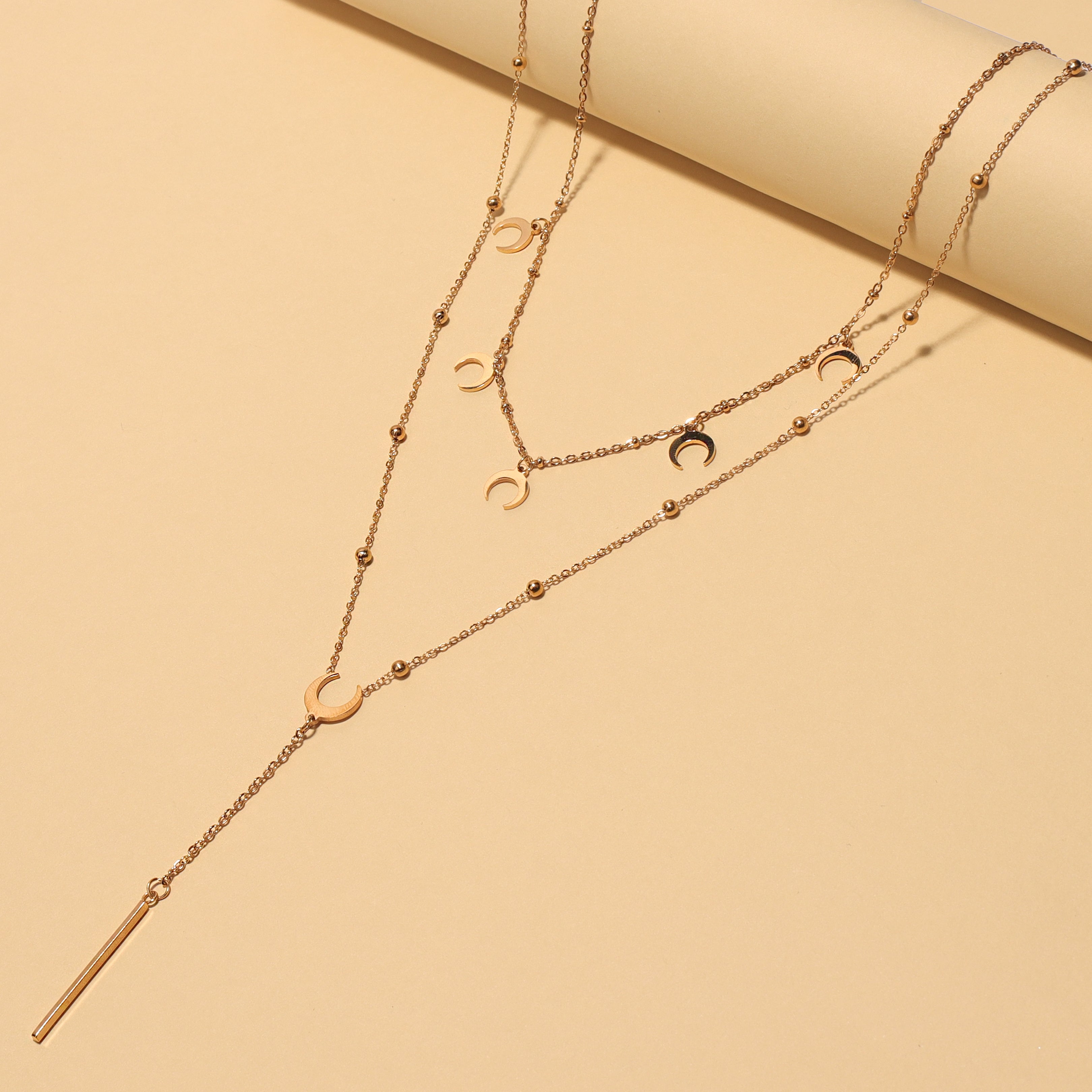 Pillar Bar & Moon Charm Layered Necklace
