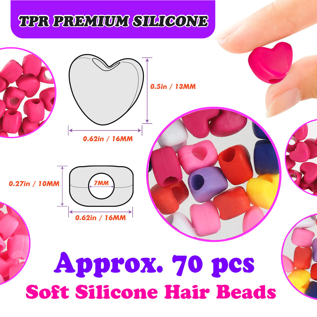 2 Pack Heart Shaped Silicone Hair Beads – 70 PCS 16mm, Premium Soft Rubber, Noiseless, Painless, Light for Women Girls Stylish Braiding