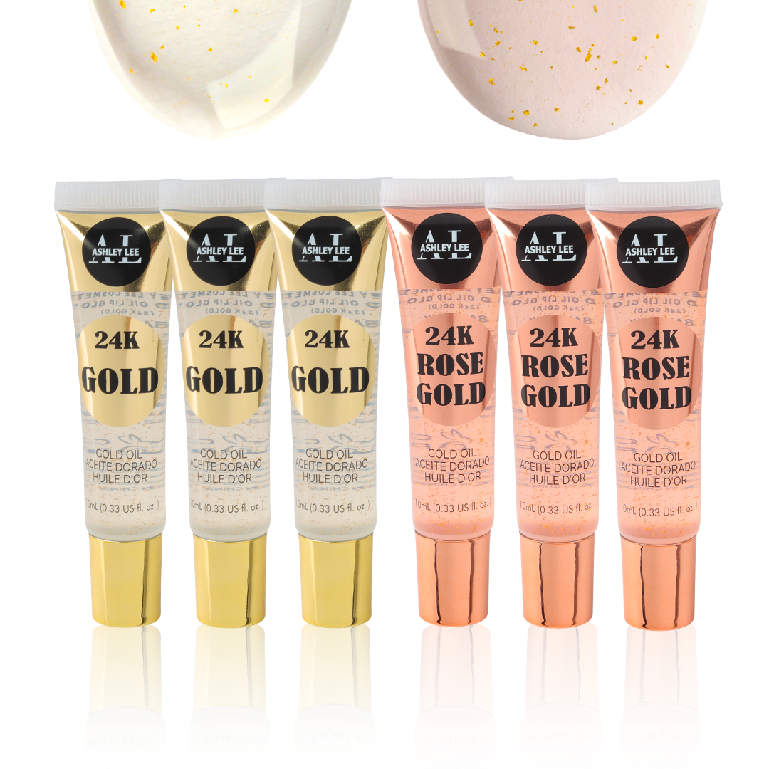 24K Gold Lip Oil 6-Pack (3 Gold + 3 Rose Gold) – Hydrating Gold Flake Lip Gloss with Vitamin E & Squalane