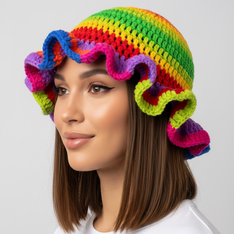 Women's Crochet Bucket Hat – Knitted Boho Fisherman Hat, Foldable Fashion Bucket Cap for Travel, Festivals & Everyday Wear