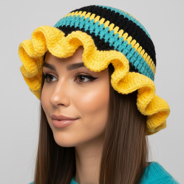Women's Crochet Bucket Hat – Knitted Boho Fisherman Hat, Foldable Fashion Bucket Cap for Travel, Festivals & Everyday Wear