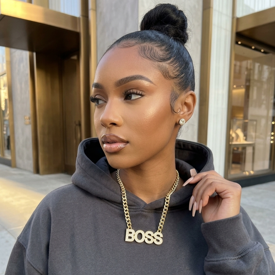 Iced Out BOSS Pendant Chain Necklace and Stud Earrings Set - Gold Tone Rhinestone Statement Word Choker, Y2K Hip Hop Streetwear Fashion Jewelry