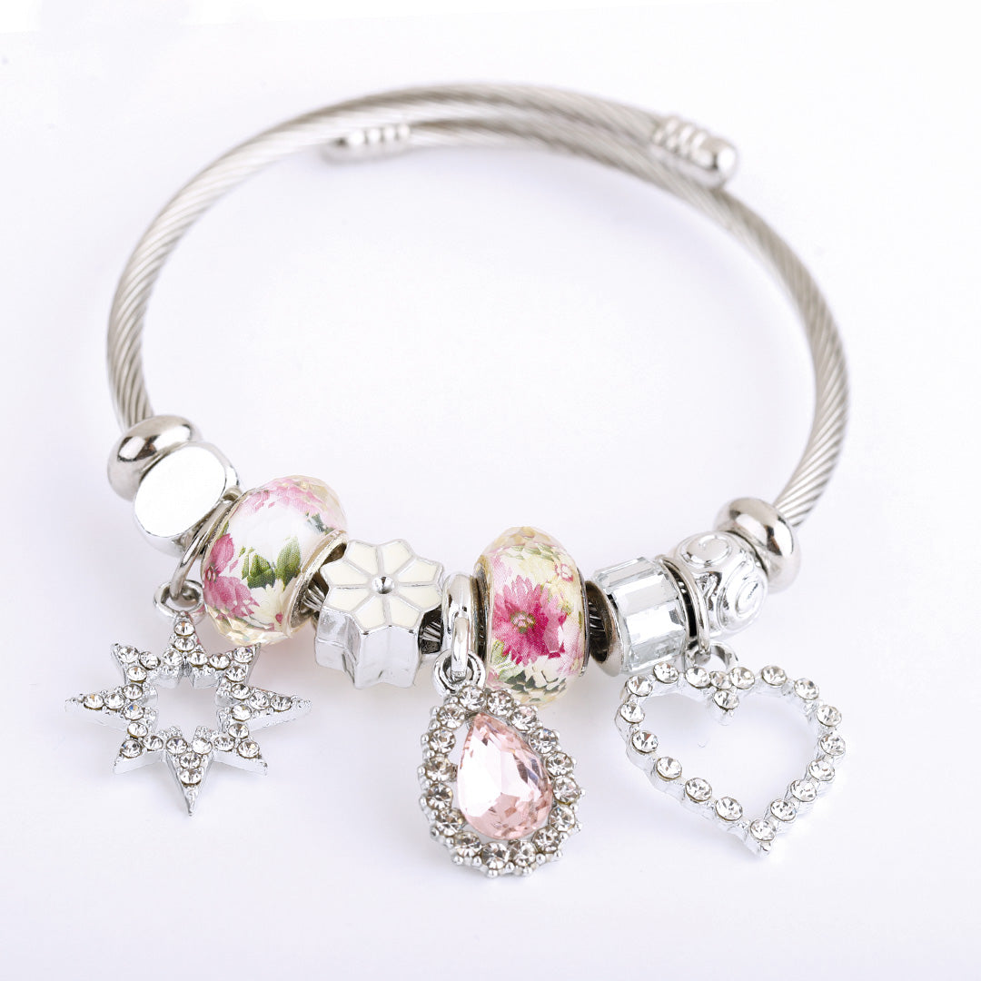 Stainless Steel Charm Bracelet for Women, No Clasp, Cuff Cable Bangle with Dangle Charms Beads