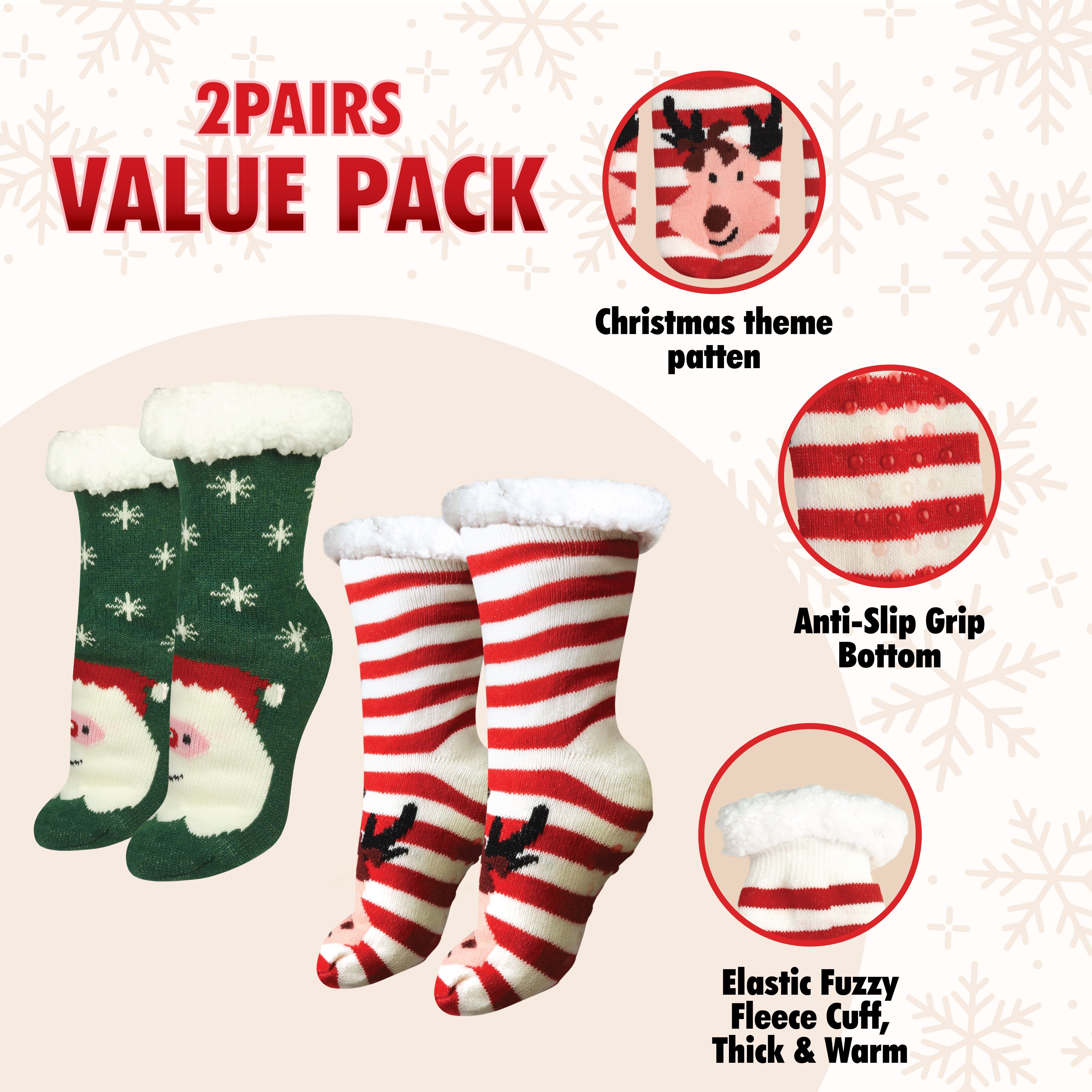 Christmas Slipper Socks for Women, 2 Pairs Cozy Anti-Slip Grip Socks, Fleece Cuffs, Thick Winter Socks