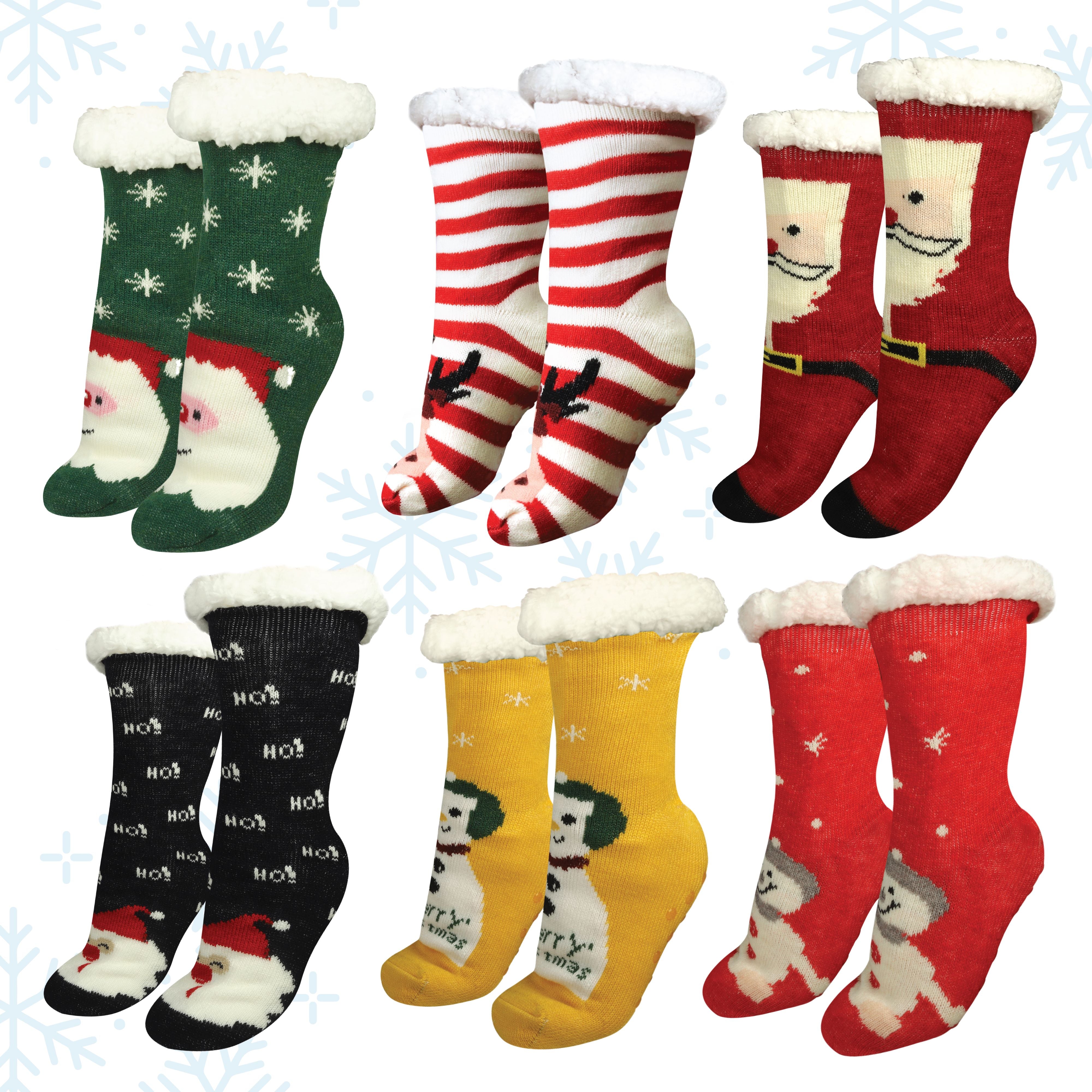 Christmas Slipper Socks for Women, 2 Pairs Cozy Anti-Slip Grip Socks, Fleece Cuffs, Thick Winter Socks