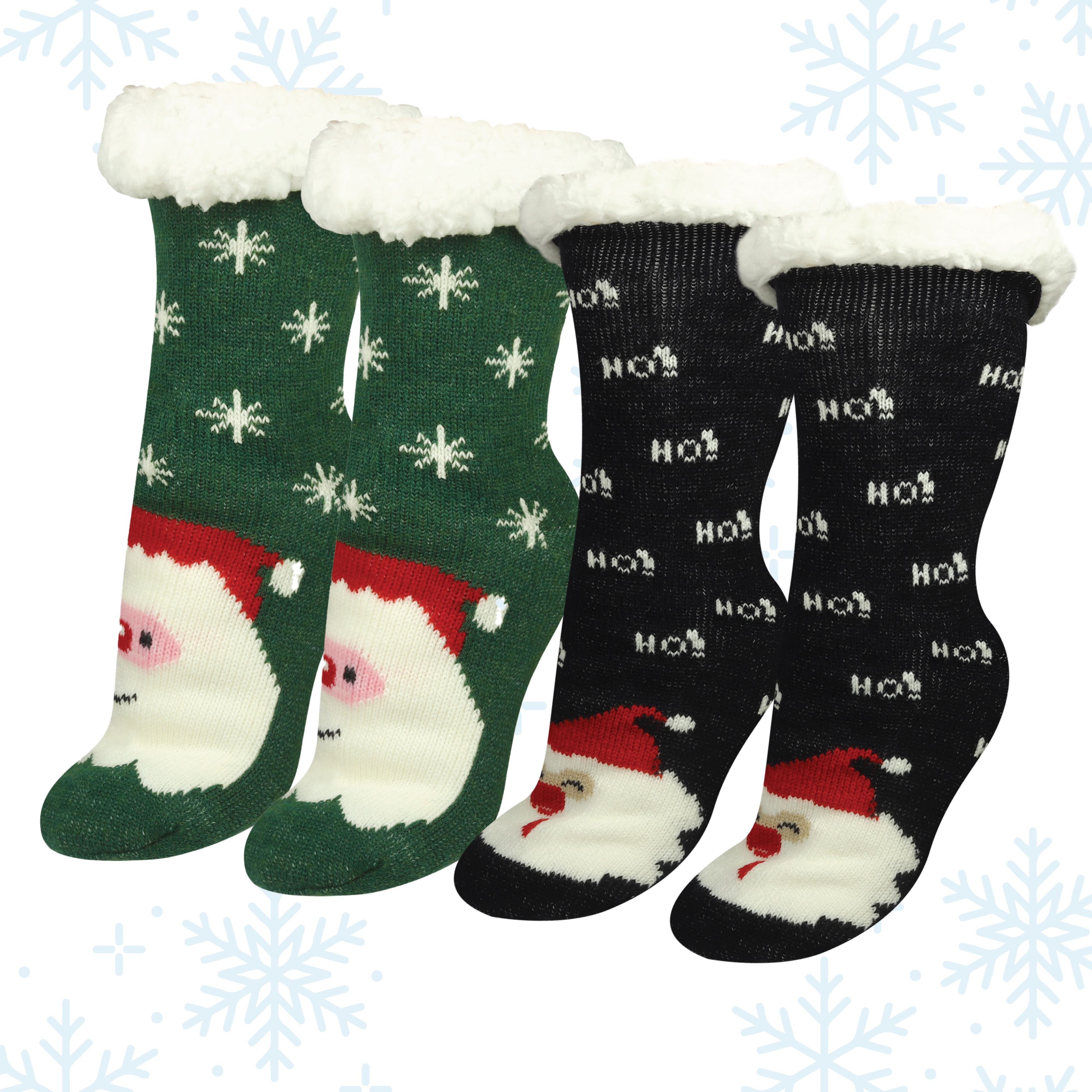 Christmas Slipper Socks for Women, 2 Pairs Cozy Anti-Slip Grip Socks, Fleece Cuffs, Thick Winter Socks