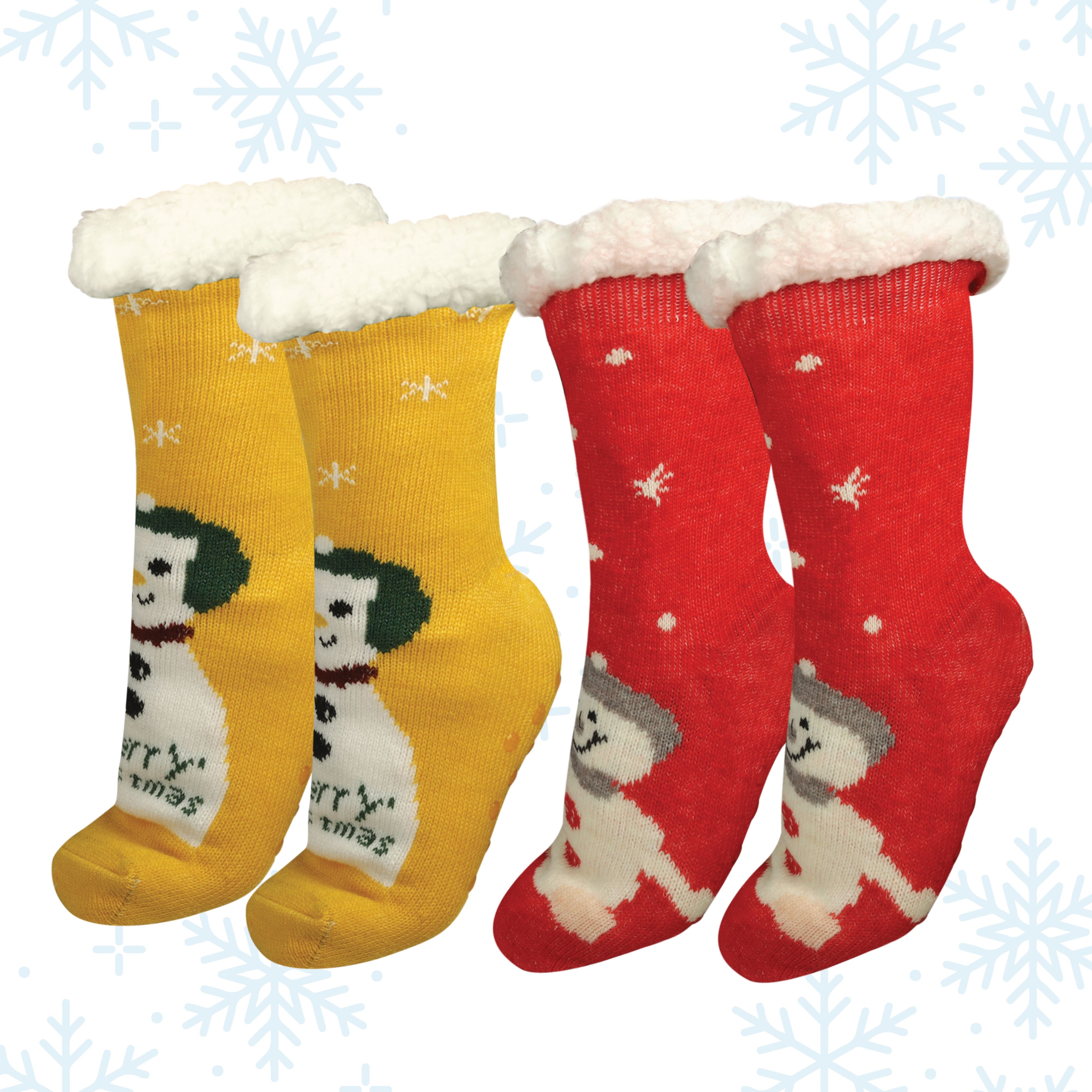 Christmas Slipper Socks for Women, 2 Pairs Cozy Anti-Slip Grip Socks, Fleece Cuffs, Thick Winter Socks