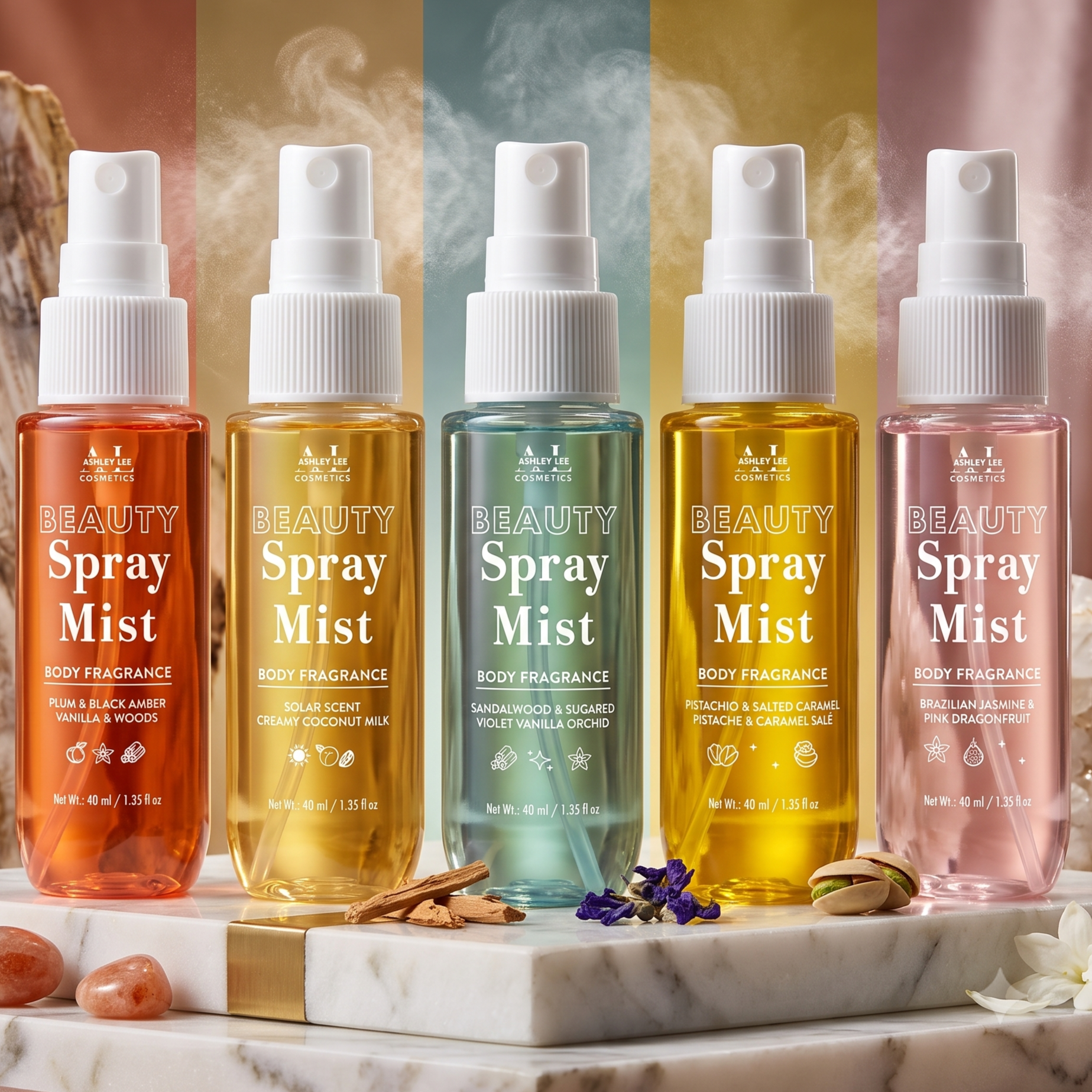 Ashley Lee Cosmetics 5-Pc Body Fragrance Mist Set – Travel Size Scent Layering Body Splash Pack for Women
